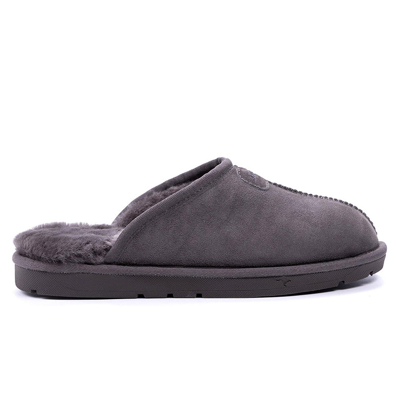 Grey UGG Roozee men's scuff slippers with soft material and slip-on design, ideal for indoor comfort.