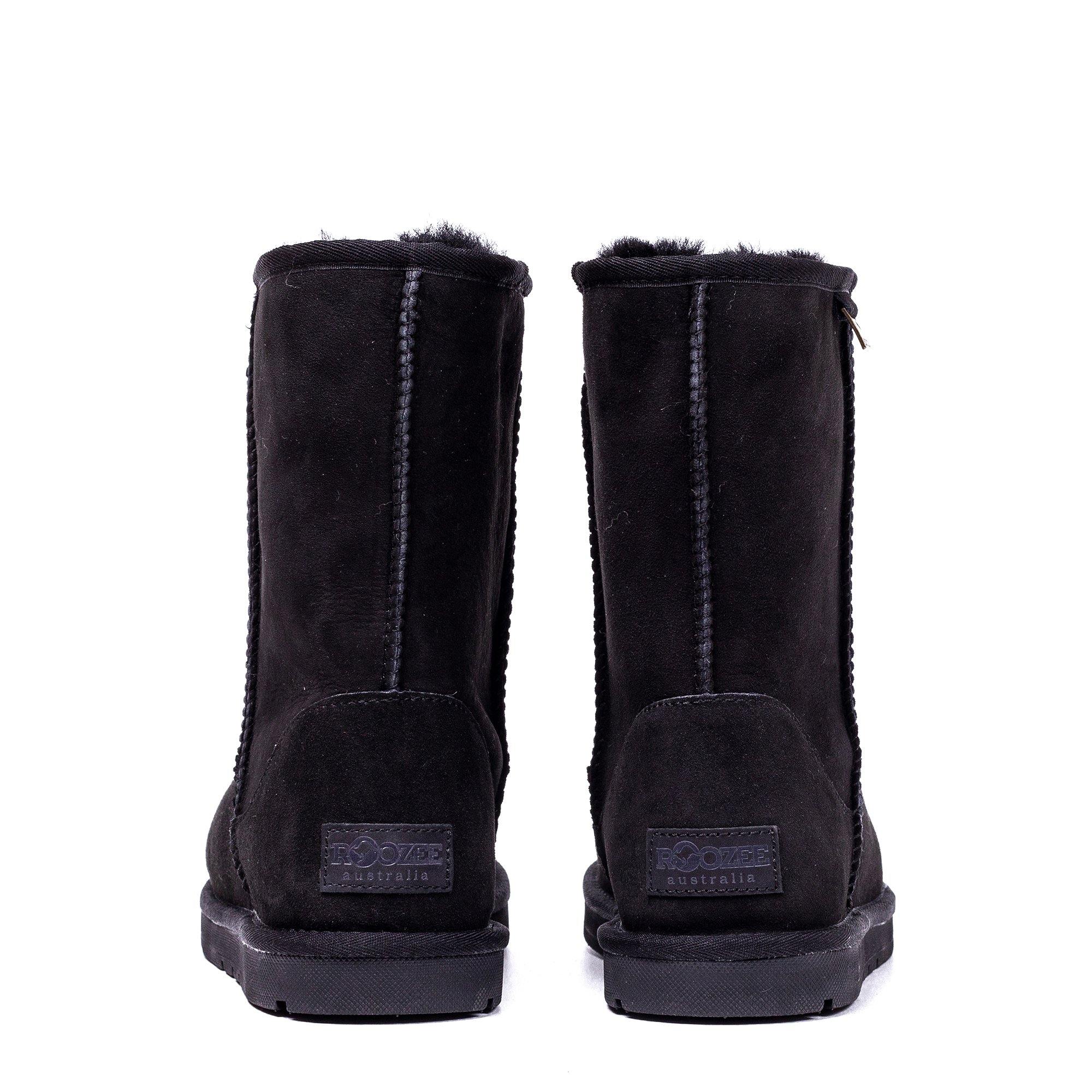 Black Roozee Roozee Short Classic UGG Boots for women, cozy sheepskin lining and casual style, shown from a side angle.