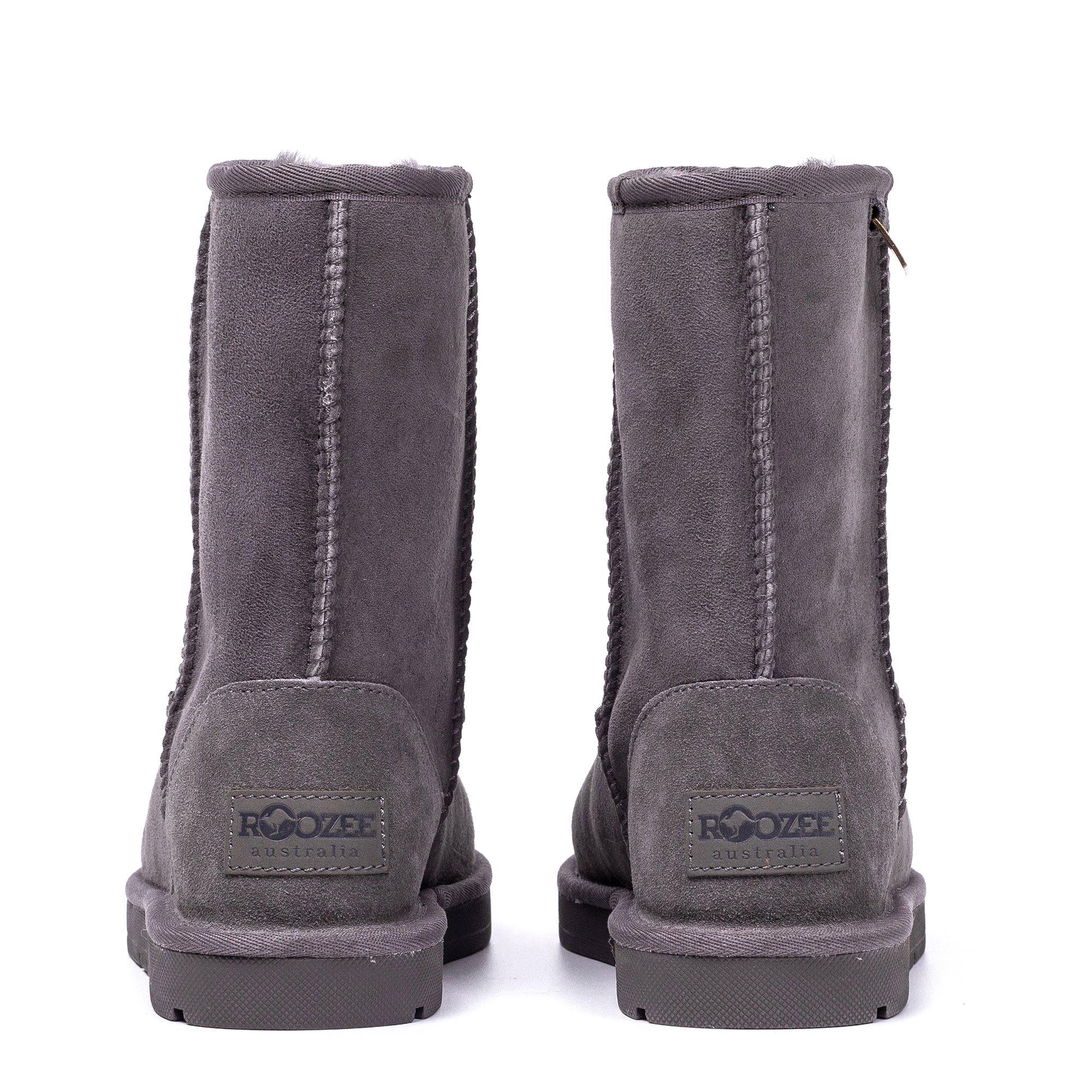 Grey UGG Roozee Short Classic Boots for women, cozy suede shoes with plush interior, stylish and comfortable footwear.
