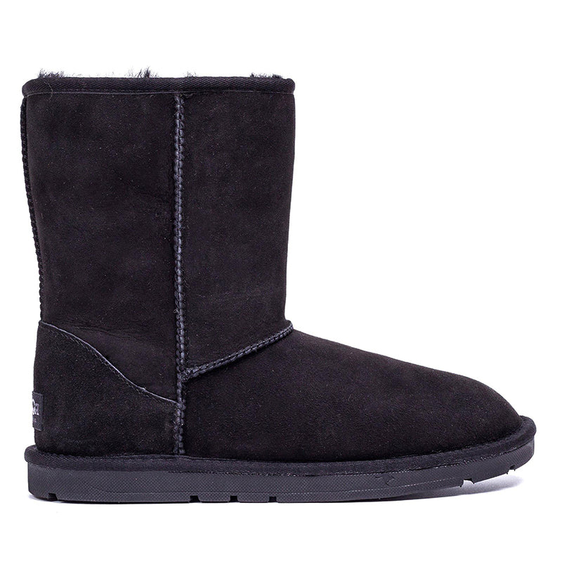 Black UGG Roozee Short Classic Boots for women, showcasing the cozy, slip-on design with a rounded toe and soft sheepskin interior.