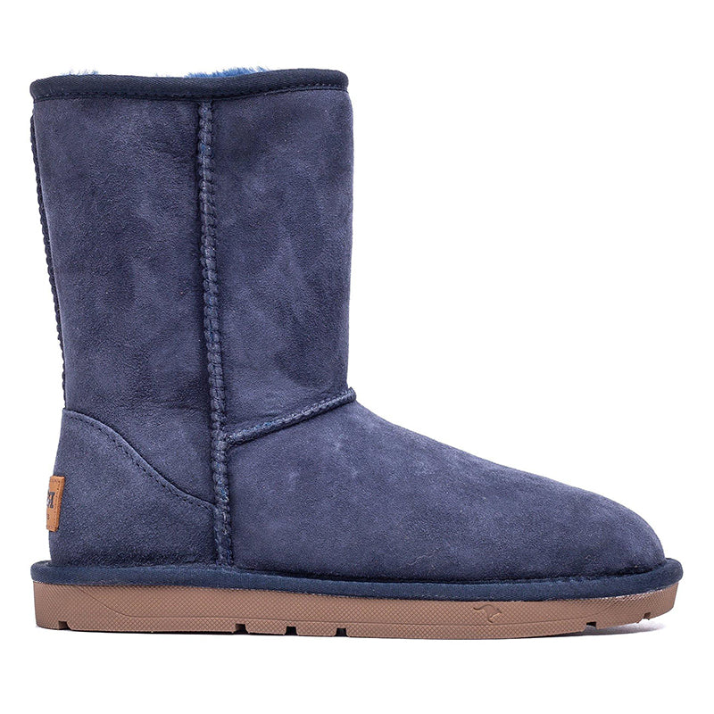 Navy UGG Roozee Short Classic Boots for women, showcasing cozy sheepskin lining and stylish short boot design.