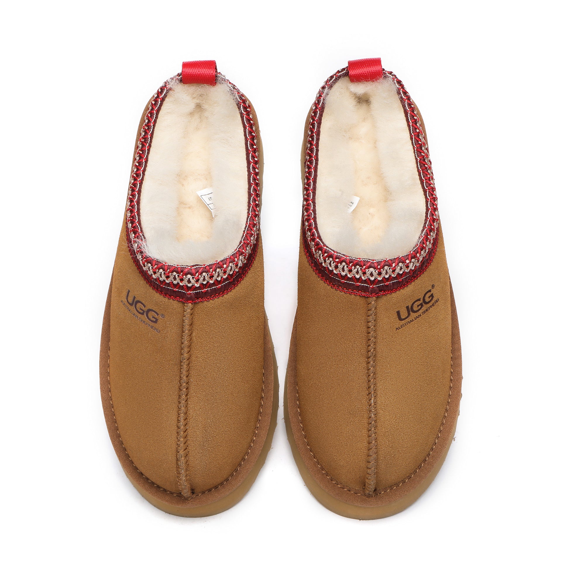 EverUgg Vinny UGG platform slippers with plush interior and cozy design, shown in chestnut color with thick sole.