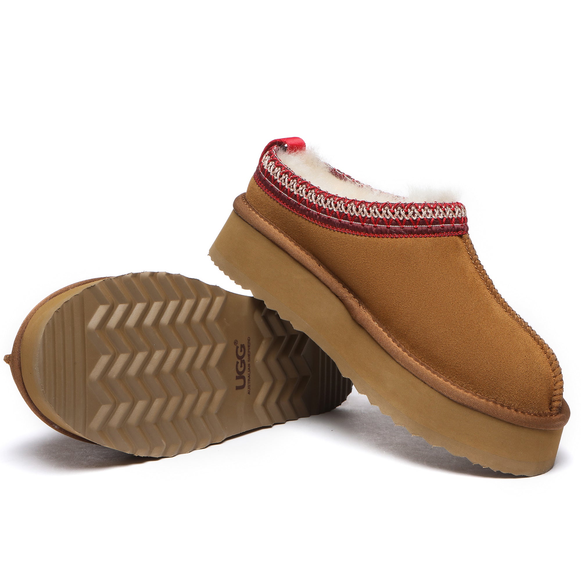 EverUgg Vinny UGG platform slippers featuring plush lining and chunky sole, shown on a chest background.