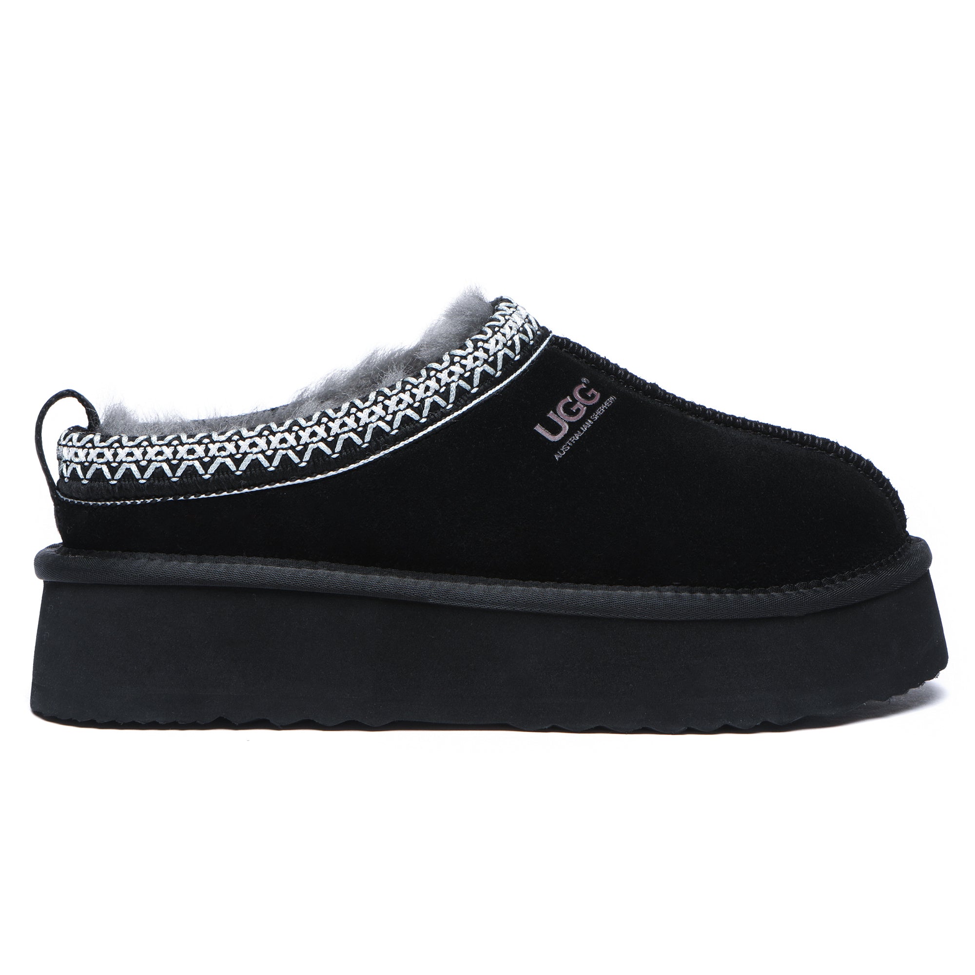 Black Vinny UGG platform slippers by EverUgg with plush interior and thick sole, perfect for cozy indoor wear.