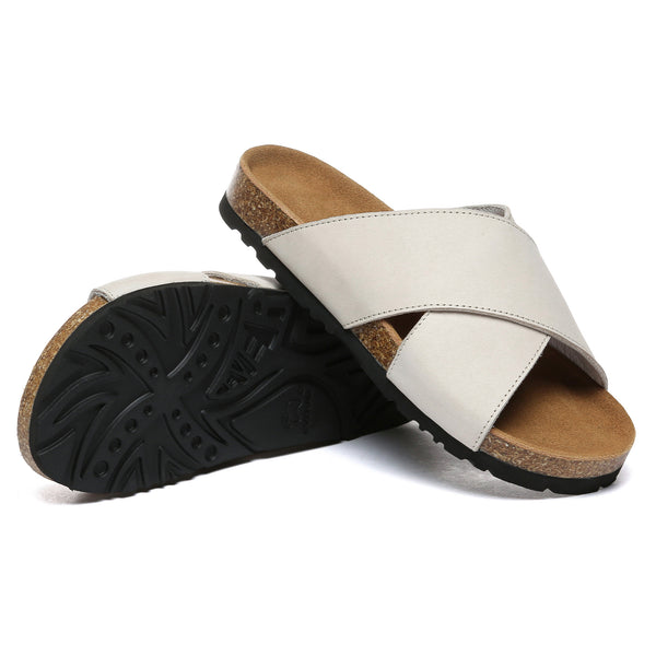 EverUgg crossover summer leather slides for women, stylish open-toe slippers with crisscross leather straps.