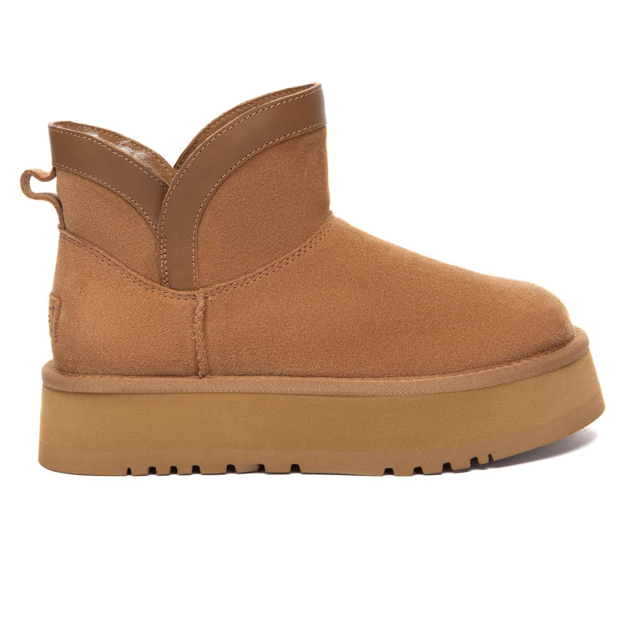 EverUgg V Mini Classic Platform UGG Boots in neutral color, showcasing the soft suede material and chunky platform sole.