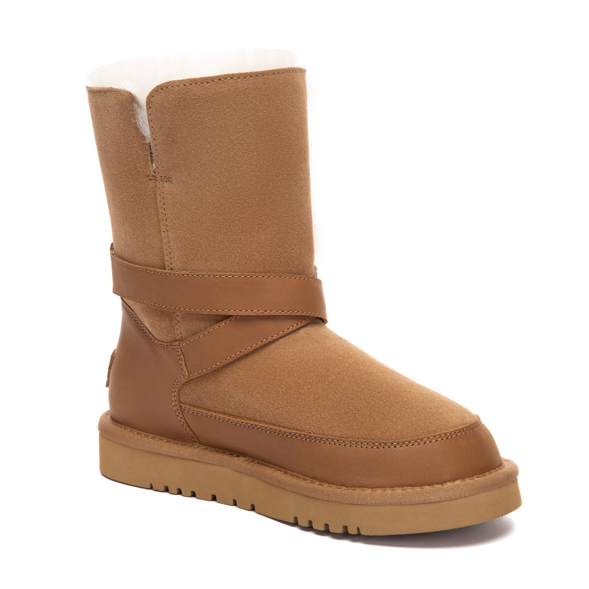EverUgg Buckle Strap Classic Short UGG Boots featuring a buckle strap detail and cozy suede exterior.