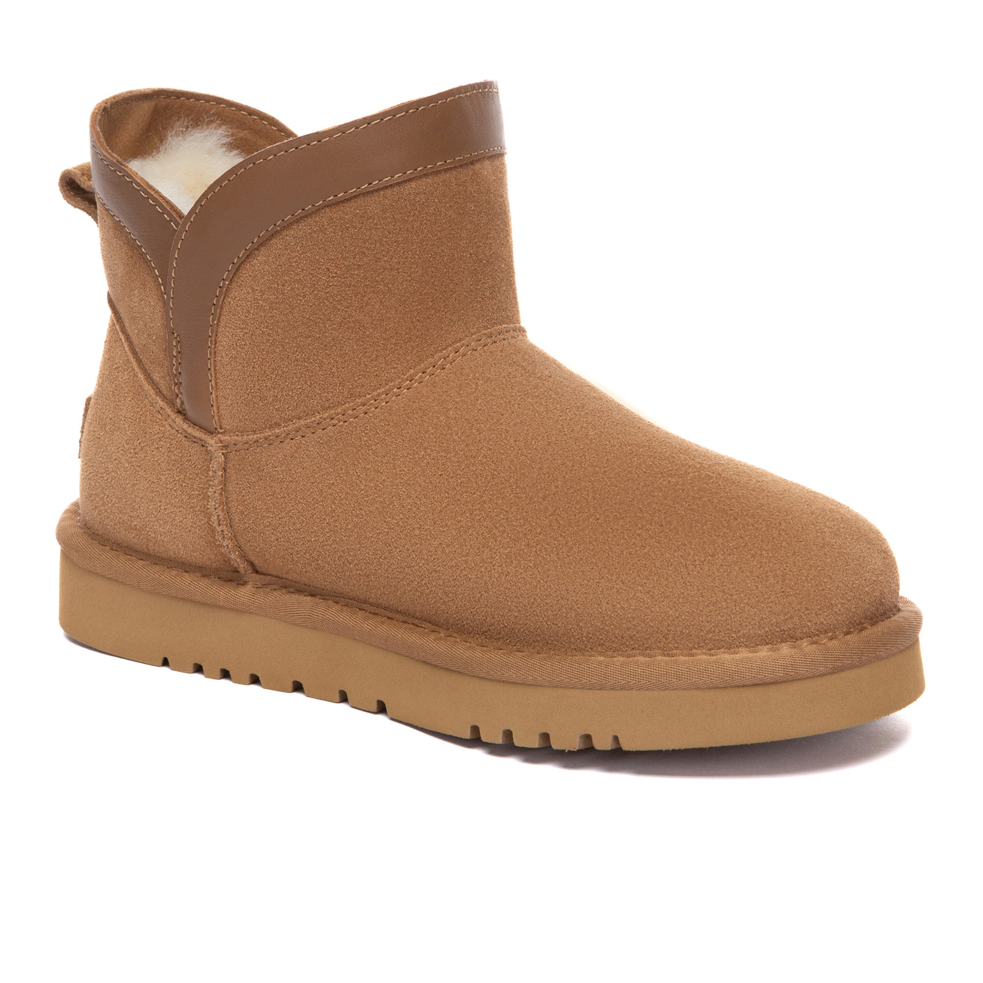EverUgg V Mini Classic UGG Boots in chestnut with sheepskin lining, shown from the side on a neutral background.