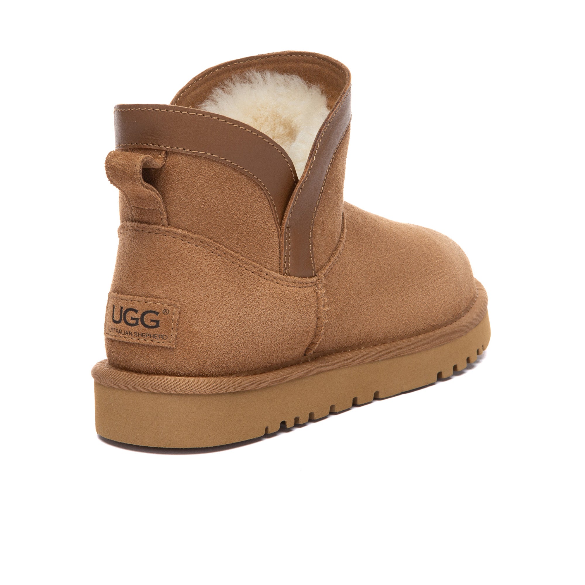 EverUgg V Mini Classic UGG Boots in chestnut with sheepskin lining, ankle-high style, soft suede exterior, and cozy interior.