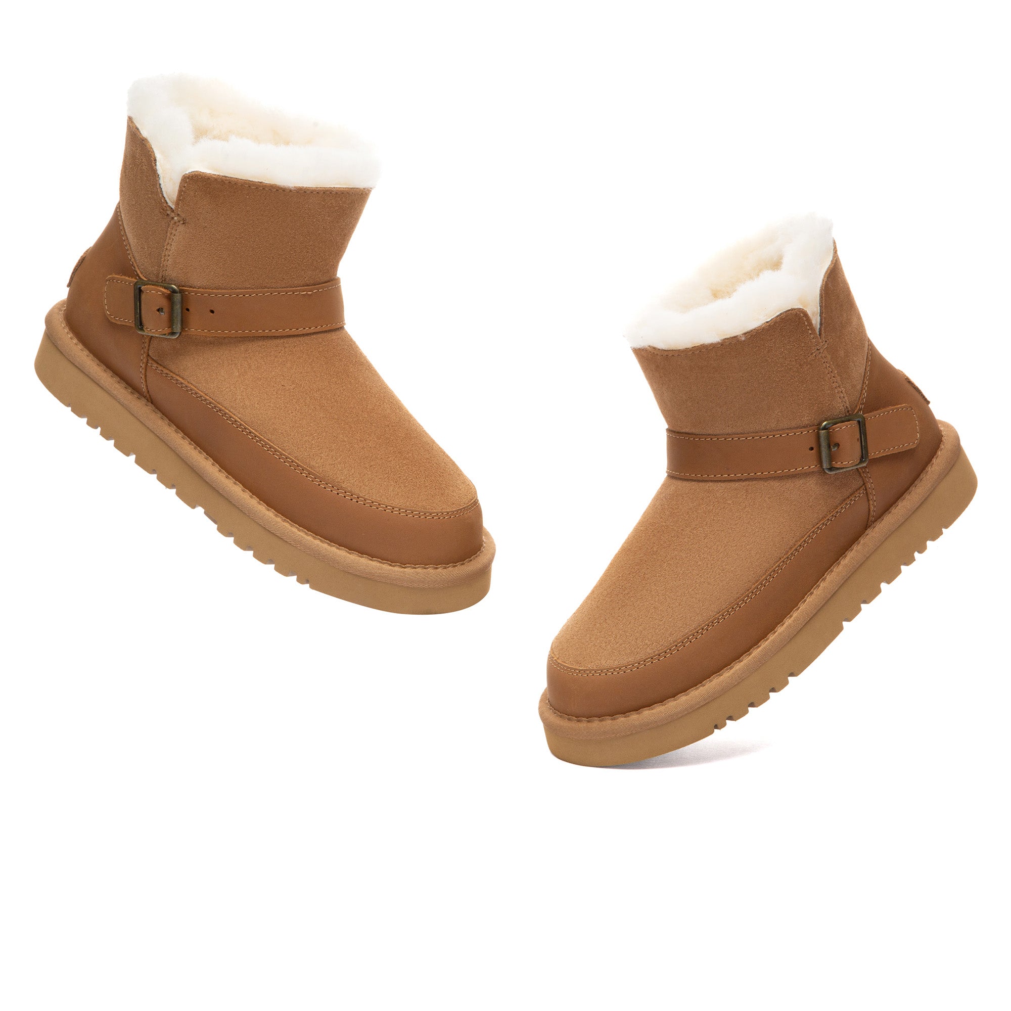 EverUgg Buckle Strap Classic Mini UGG Boots in neutral color with buckle strap detail and shearling lining, close-up view.
