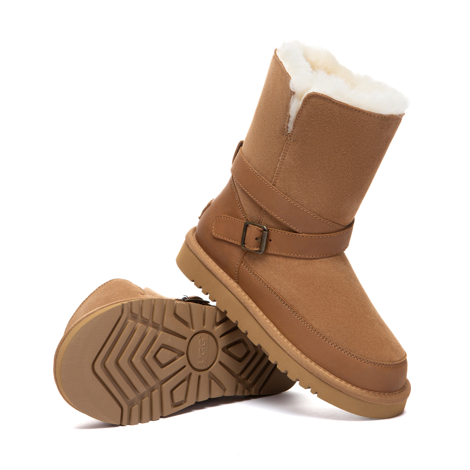 EverUgg Buckle Strap Classic Short UGG Boots showing the buckle strap detail and tan leather exterior.