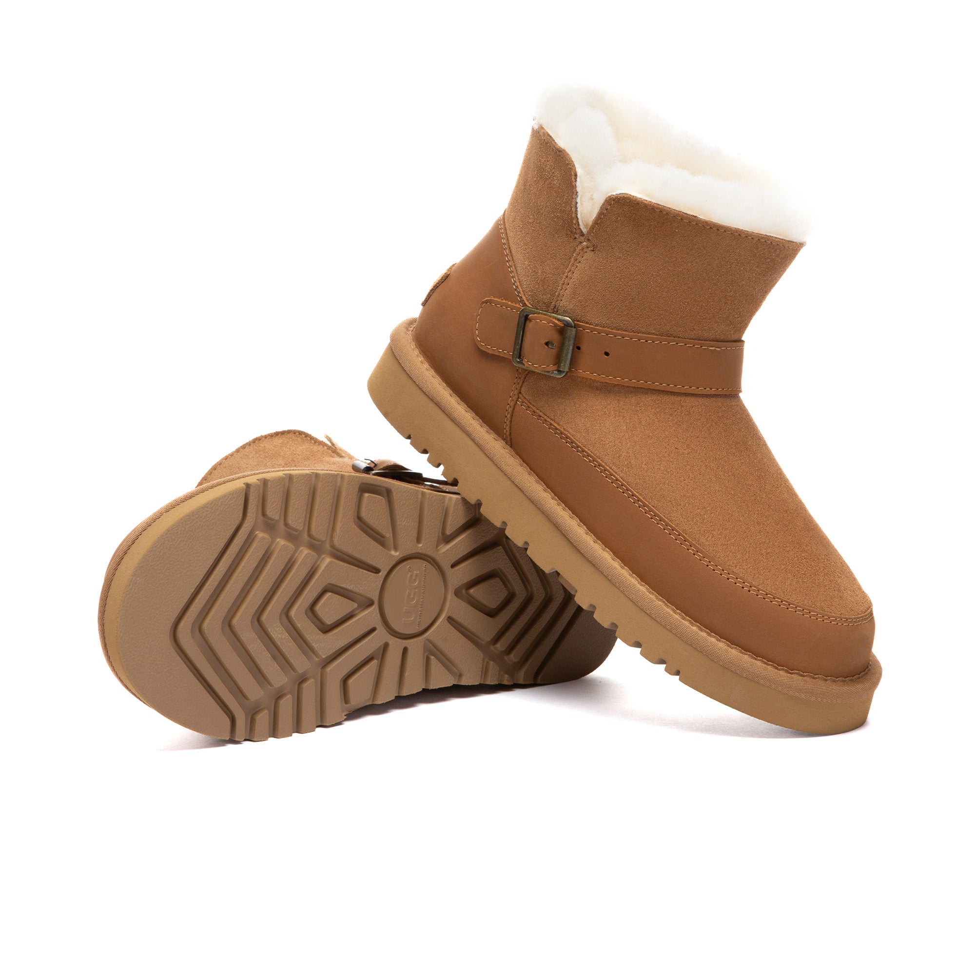 EverUgg Buckle Strap Classic Mini UGG Boots showcasing a cozy, stylish design with buckle accents and soft suede material.
