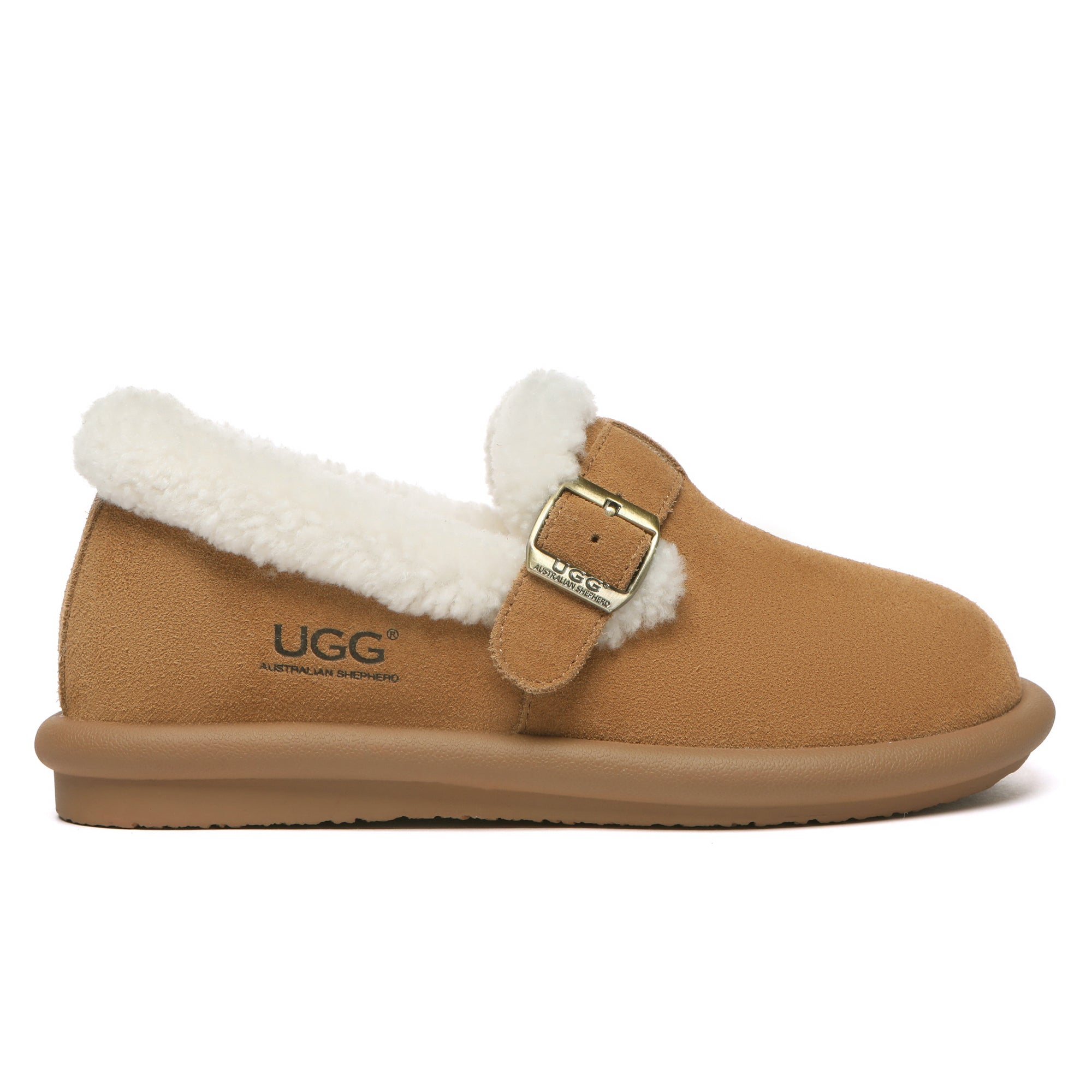 EverUgg adjustable buckle UGG ankle slippers for women, featuring soft material and slip-on design with ankle support.