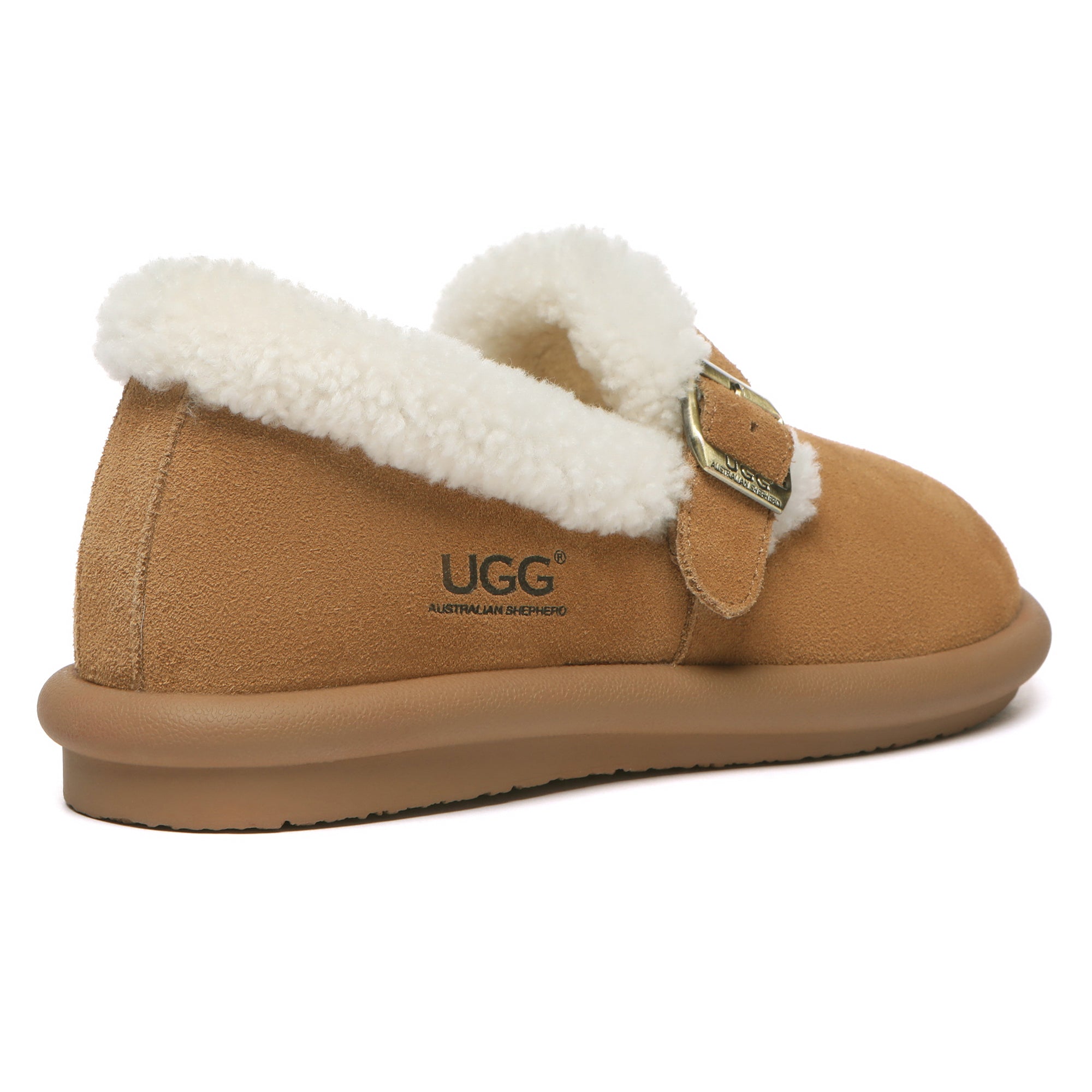 EverUgg adjustable buckle UGG ankle slippers for women, showing soft fabric and slip-on design with buckle detail.