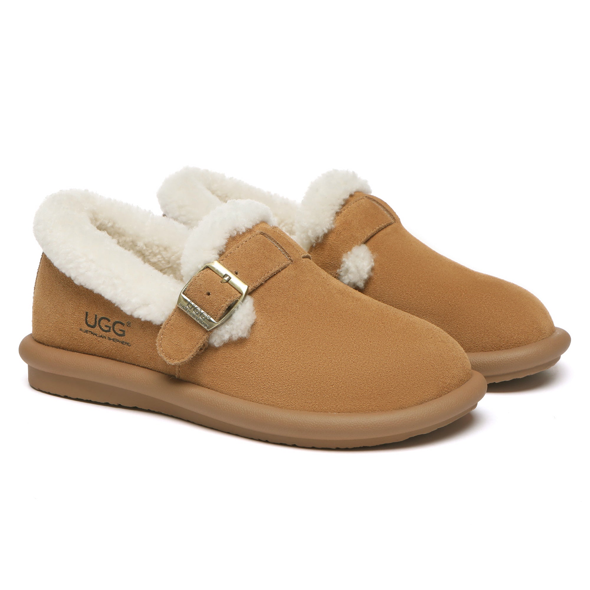 EverUgg adjustable buckle UGG ankle slippers for women, soft slip-on shoes with a cozy design and stylish ankle strap.