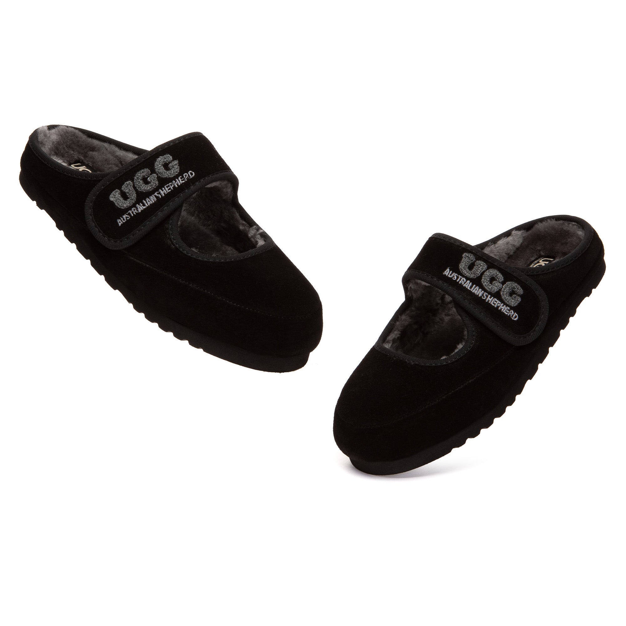 EverUgg adjustable strap Mary Jane slippers with soft UGG material and comfortable flat soles, perfect for casual wear.