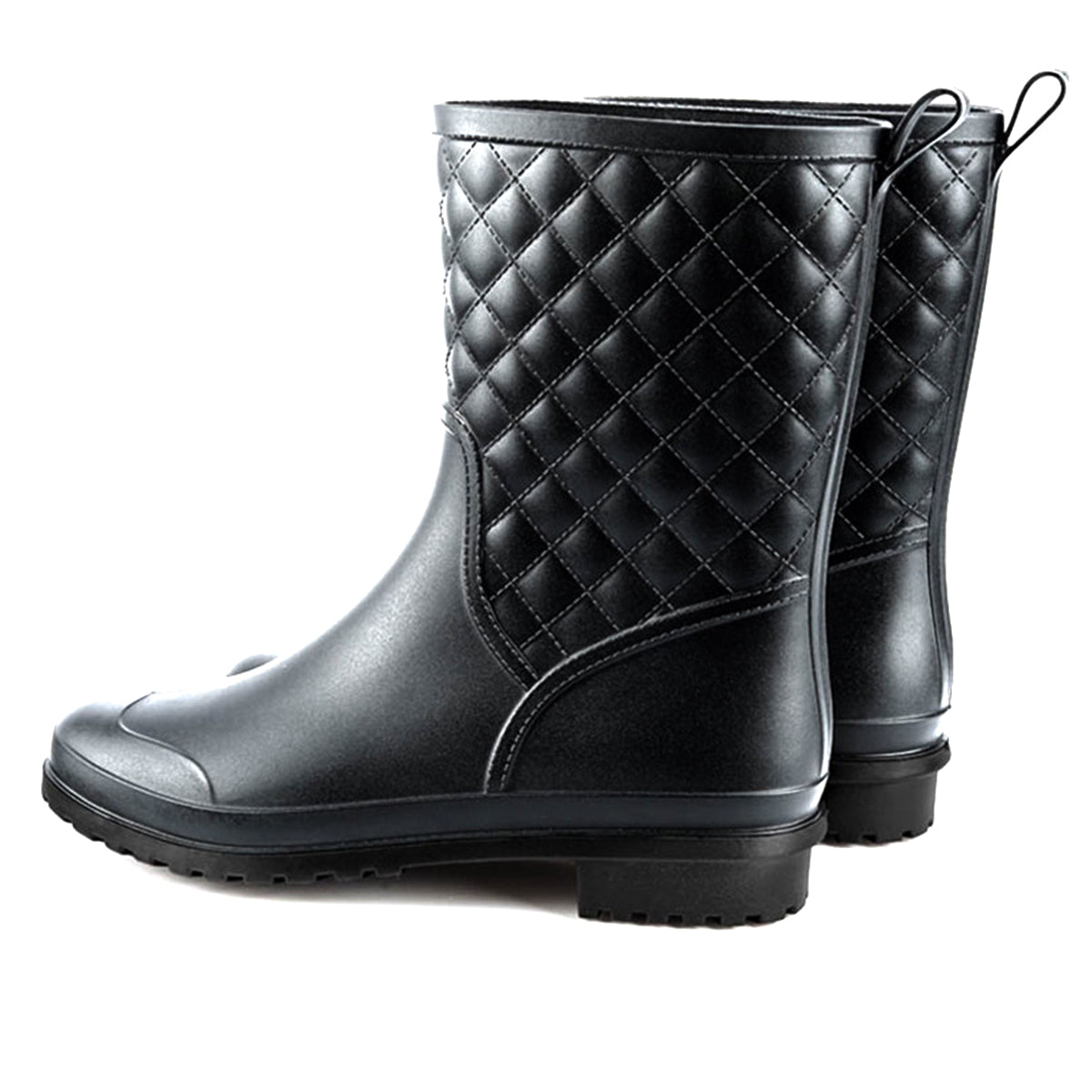 AllSlides Alpha Short Waterproof Gumboots in black, rain-resistant rubber boots for wet weather, shown in rainy outdoor setting