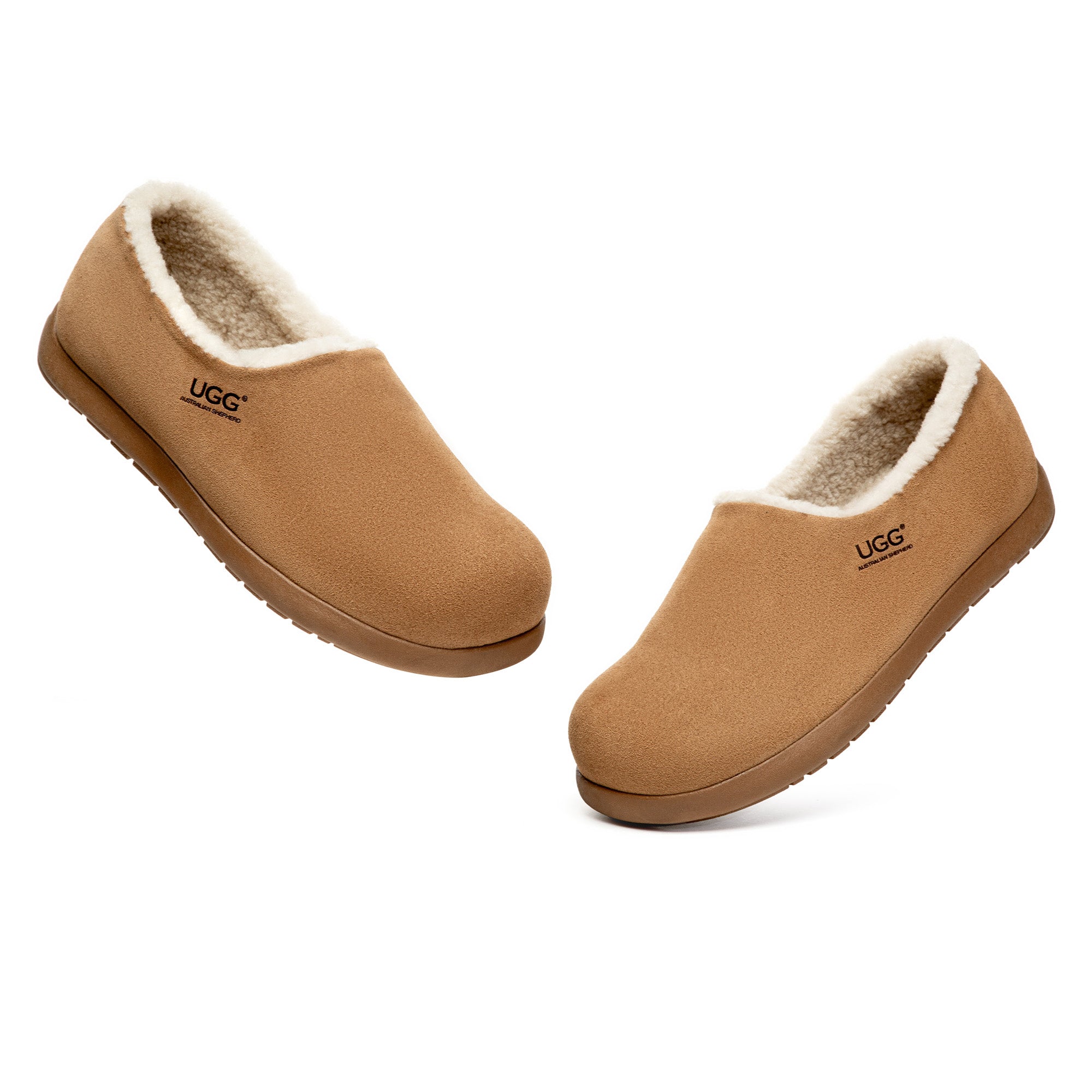EverUgg ankle clog slippers for men featuring soft UGG slippers in tan with plush lining and slip-on design.