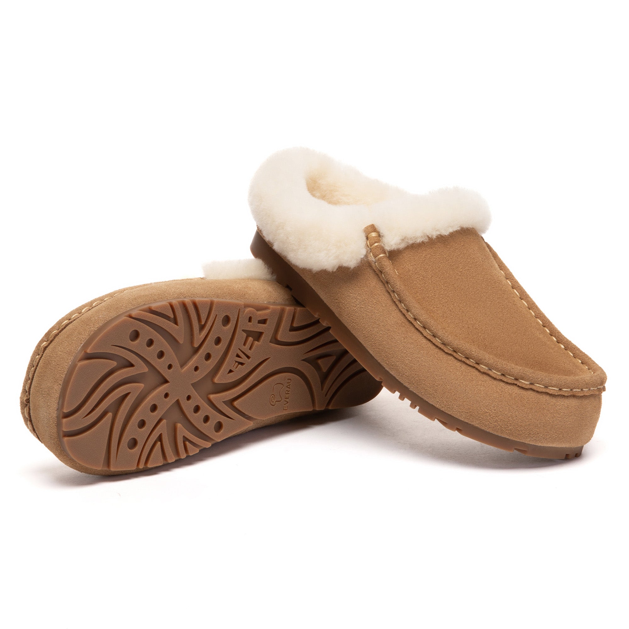 EverUgg ankle moccasin UGG slippers with soft suede exterior and plush lining, shown on a neutral background.
