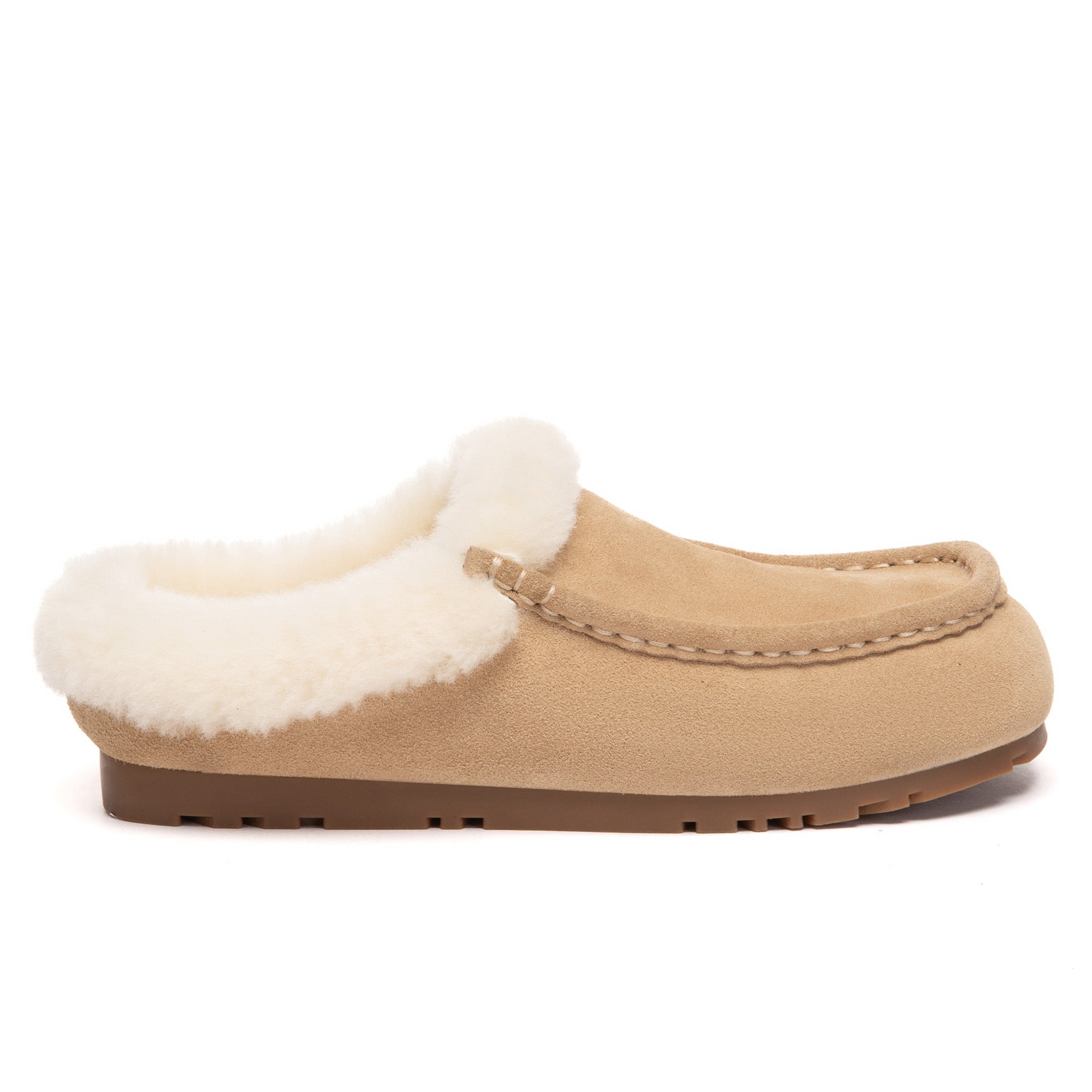 EverUgg ankle moccasin slippers in soft, plush material with UGG branding, featuring a cozy slip-on design and neutral color.