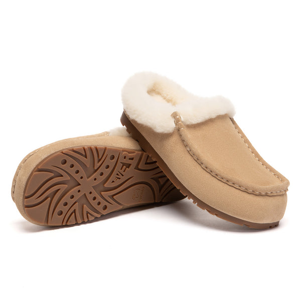 EverUgg ankle moccasin slippers with soft fur lining and beige suede exterior, ideal for cozy indoor wear.