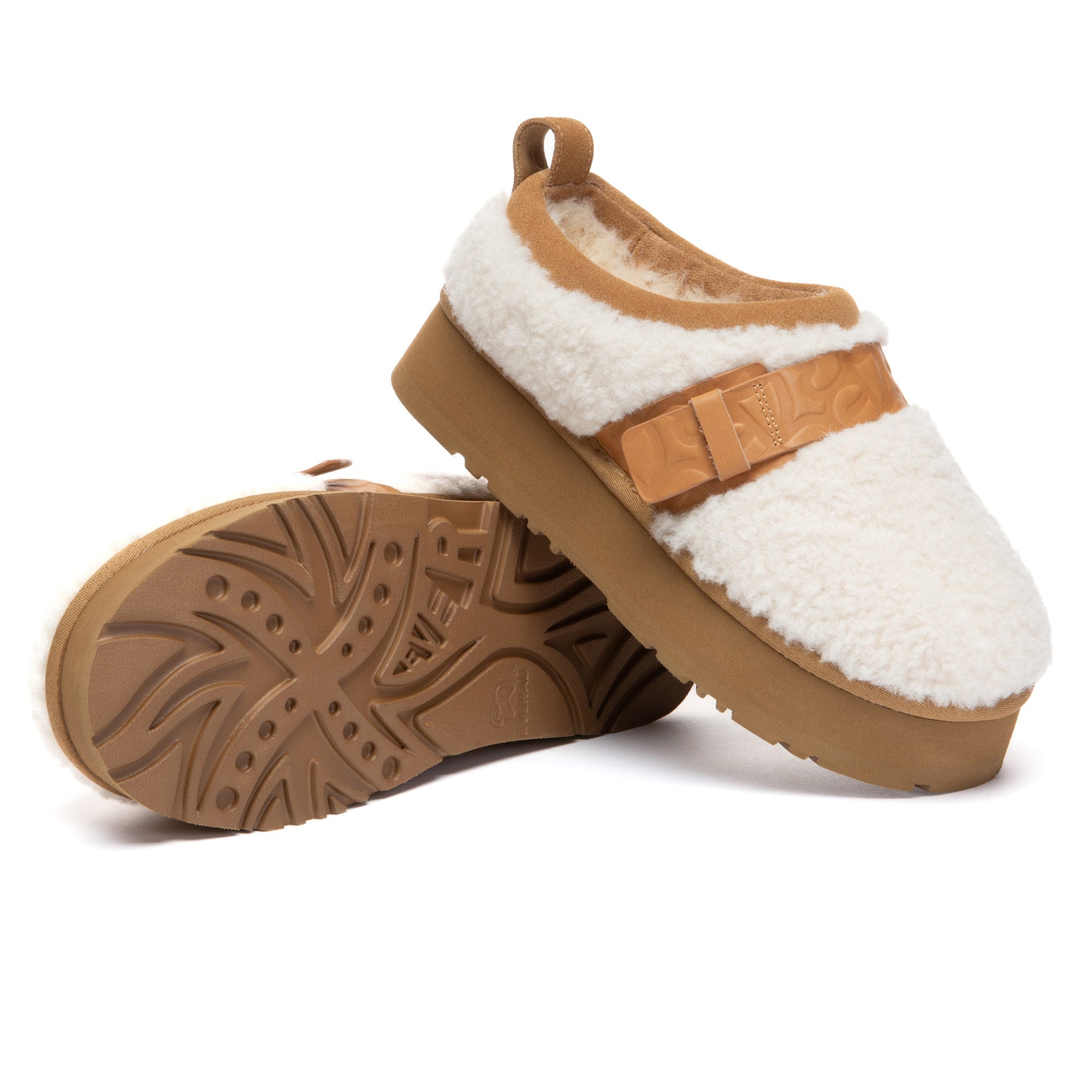 EverUgg ankle shearling platform UGG slippers with cozy shearling lining and thick rubber soles on a neutral background.