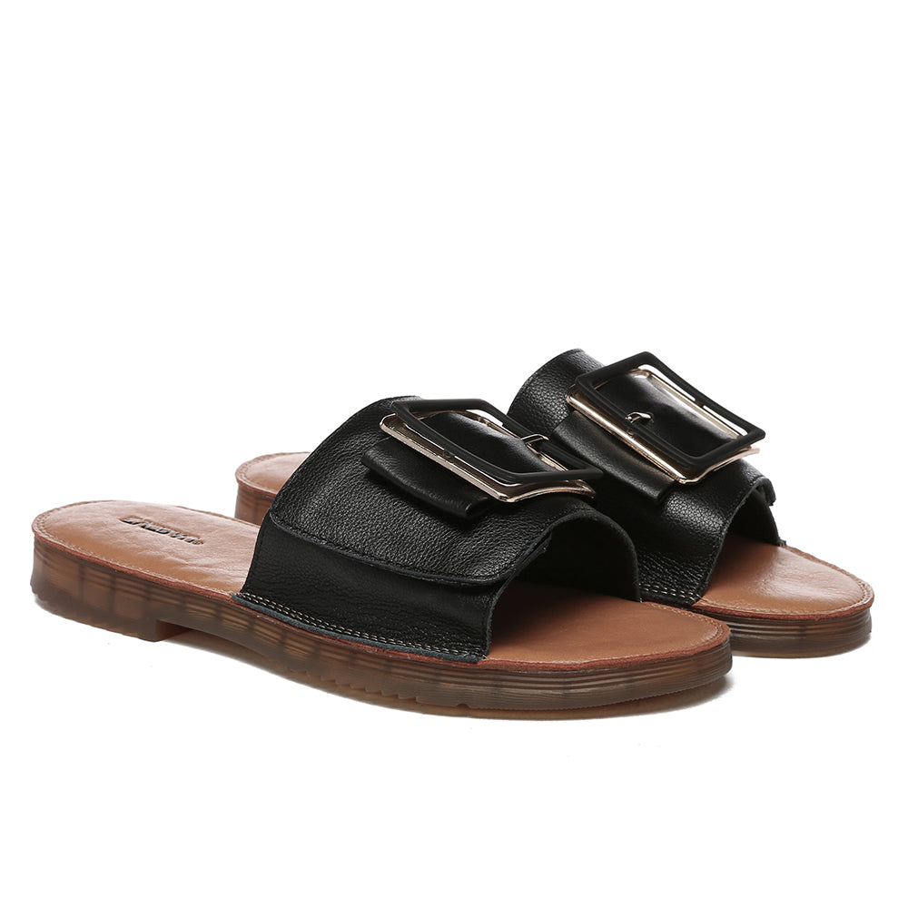 EverUgg Anni Ultra Soft Flat Sandals in black, featuring comfortable flat design and smooth straps.