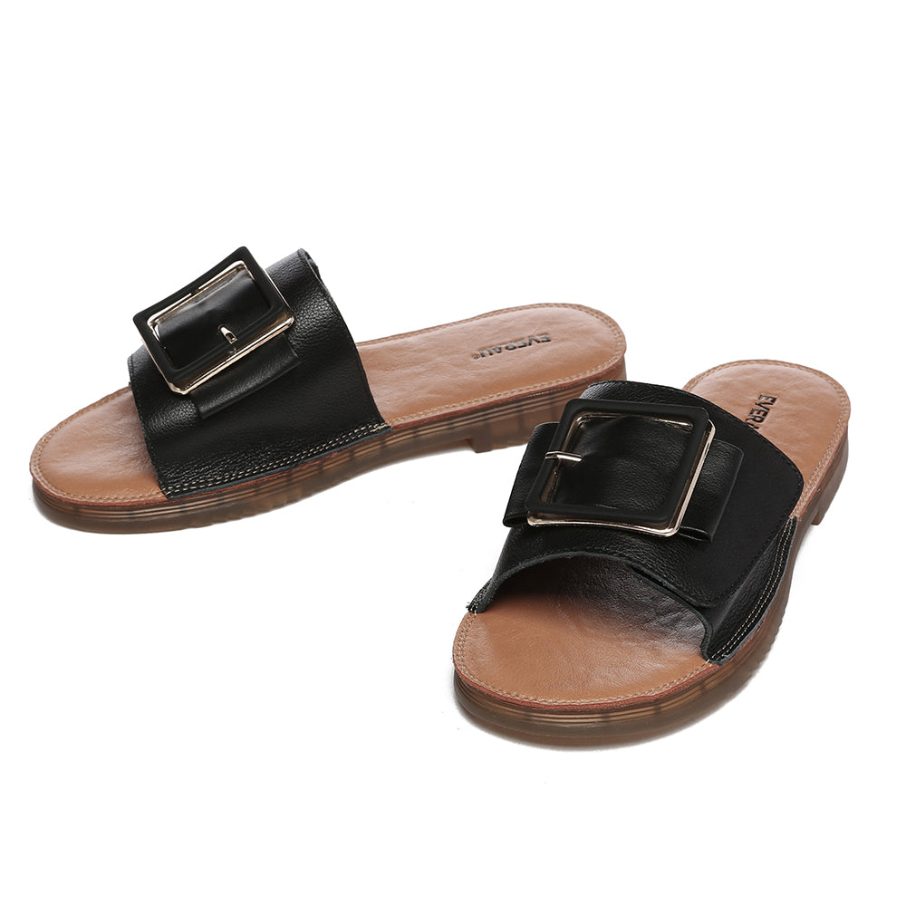Black Anni Ultra Soft Flat Slides by EverUgg featuring cushioned sandals with a sleek, comfortable flat design.