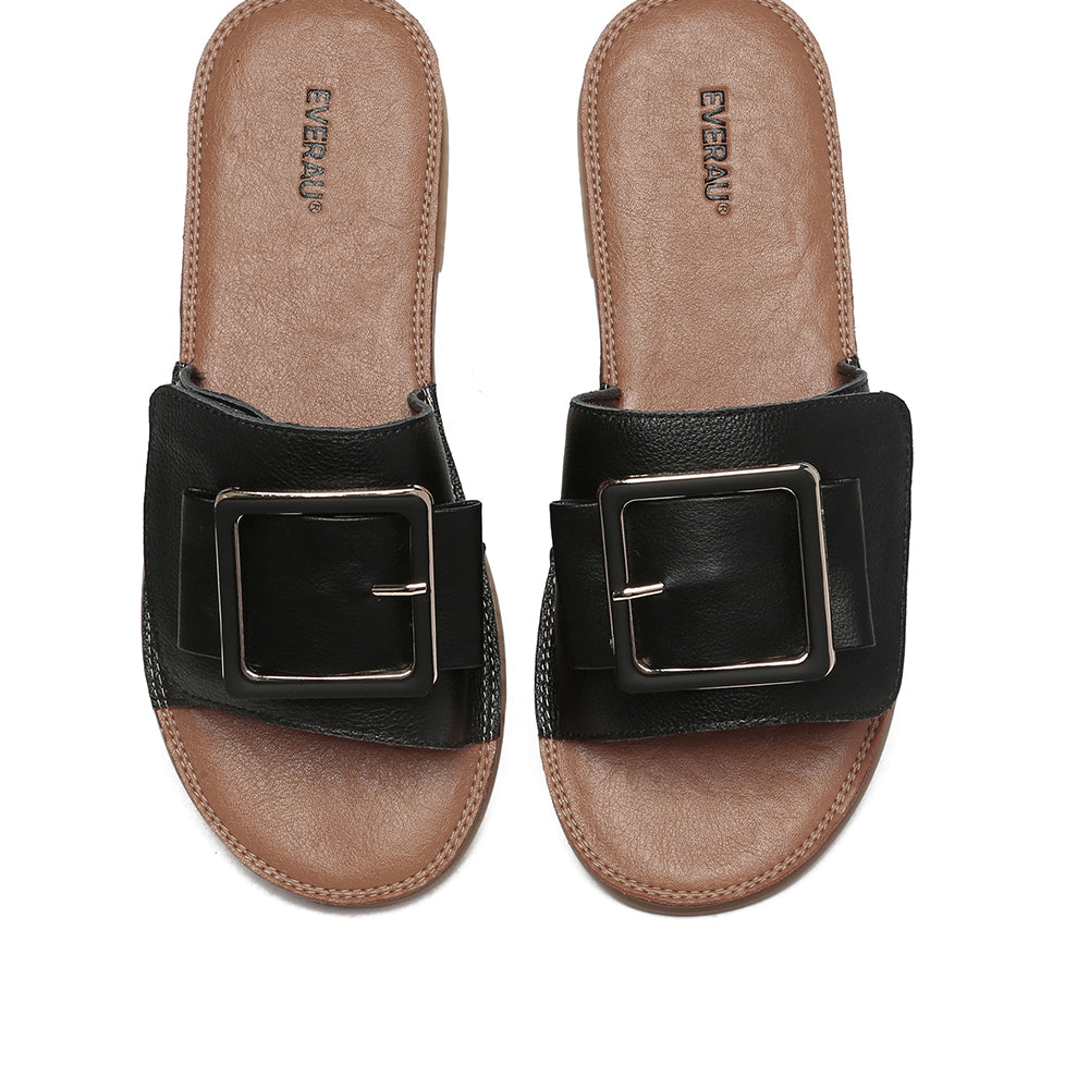 EverUgg Anni Ultra Soft Flat Slides in black, stylish and comfortable sandals with smooth leather straps and a flat sole.