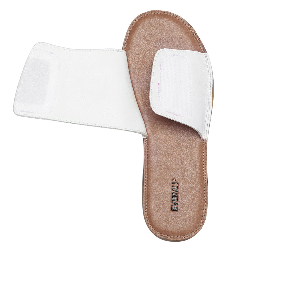 White Anni Ultra Soft Flat Slides by EverUgg, casual sandals with a smooth, comfortable design and minimalist style.