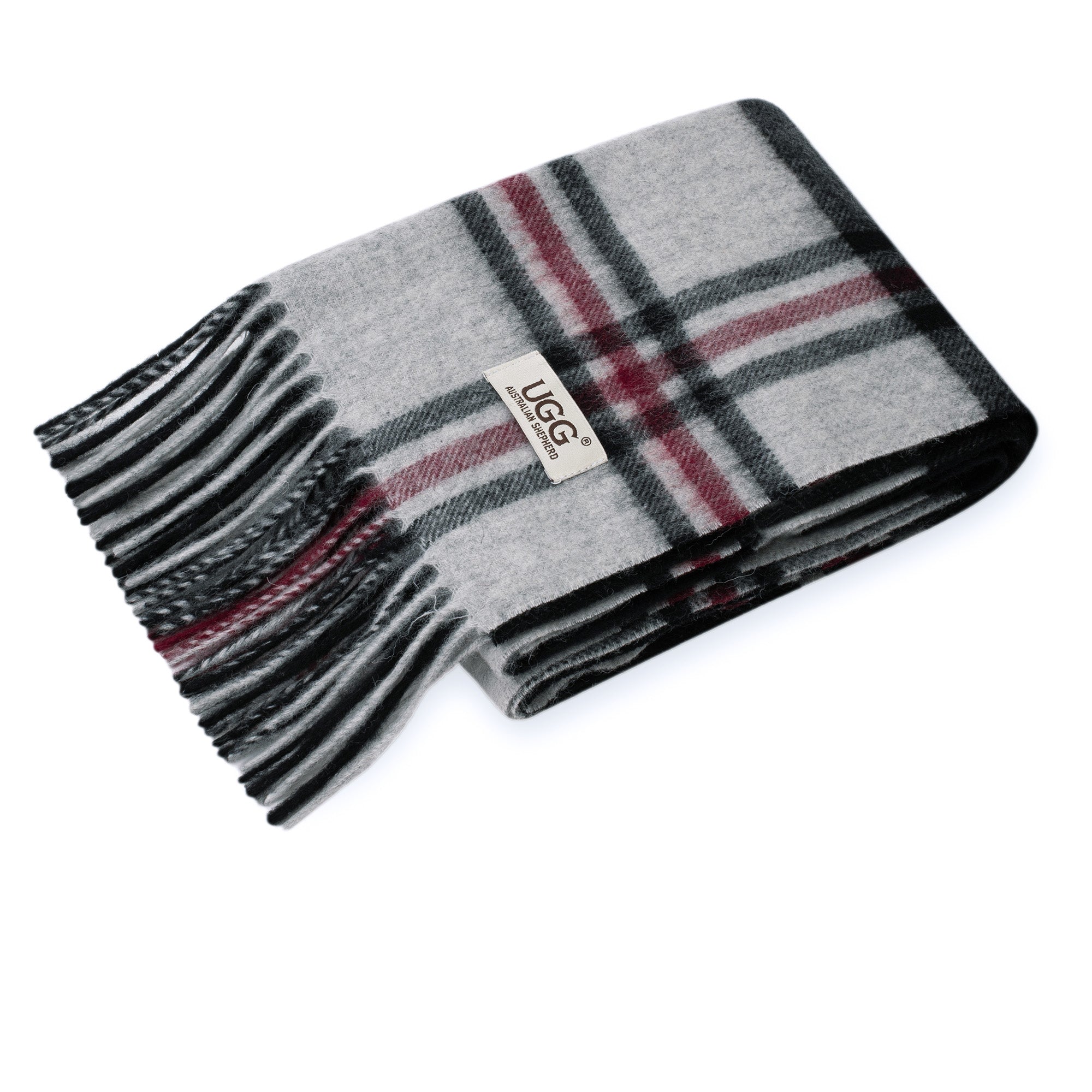 EverUgg Australian Merino Wool check scarf in black and grey, soft and warm with a classic plaid pattern.