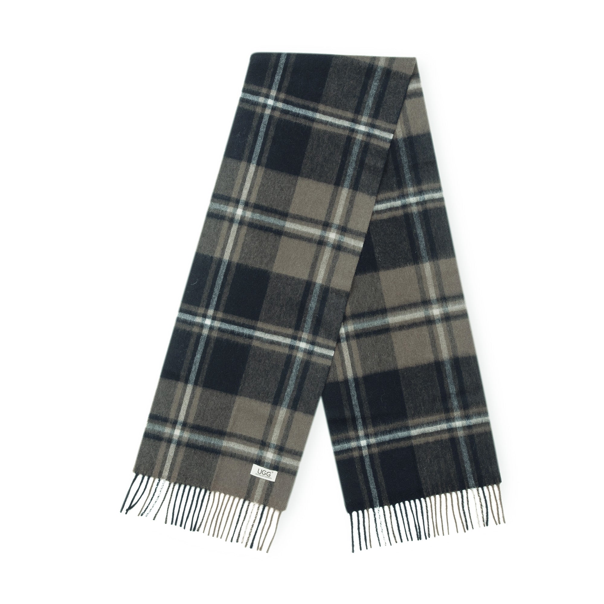 Black Australian Merino Wool Check Scarf by EverUgg, featuring a classic plaid pattern and soft, cozy wool fabric.