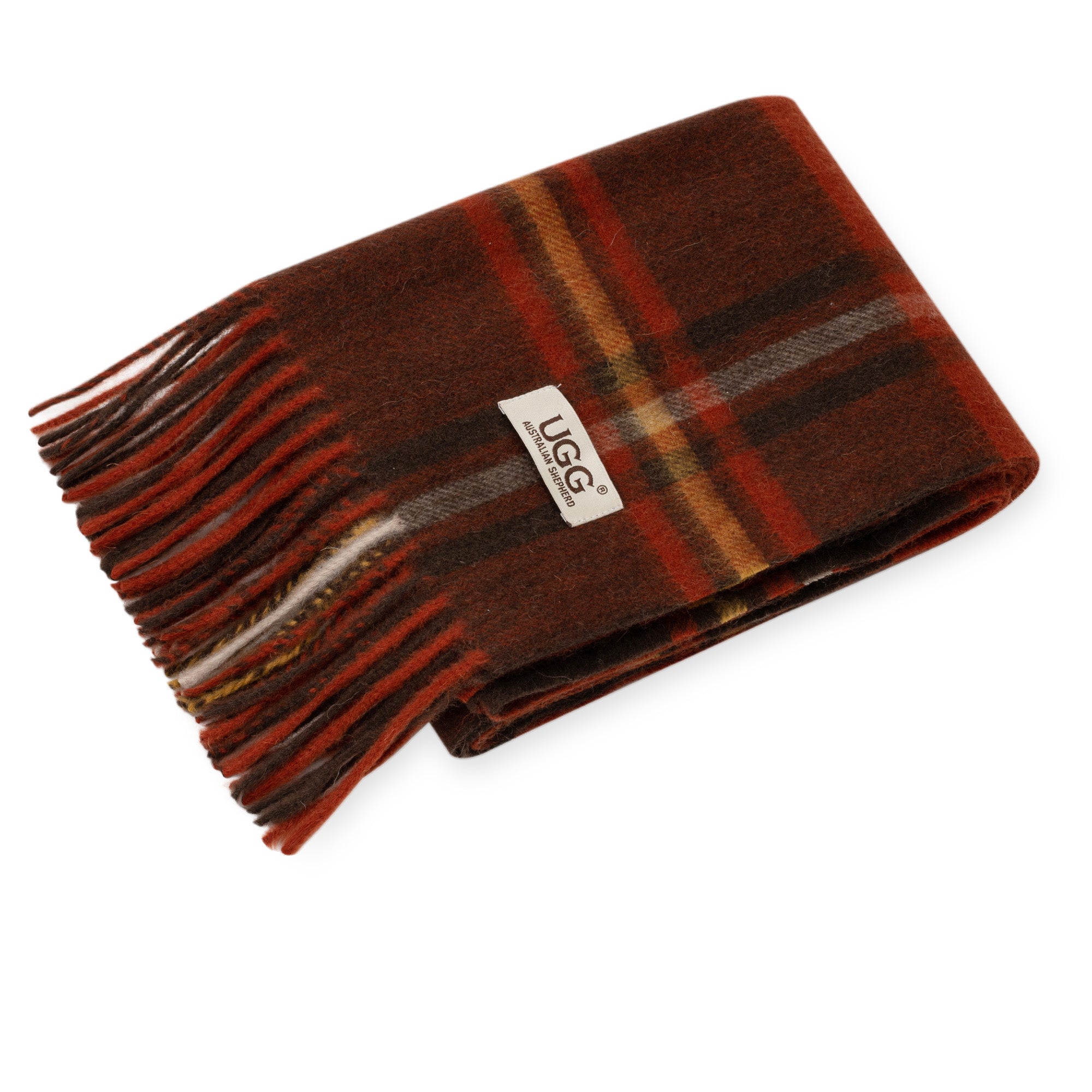 Orange-red Australian Merino Wool check scarf by EverUgg with a classic pattern, soft texture, and fringed edges.