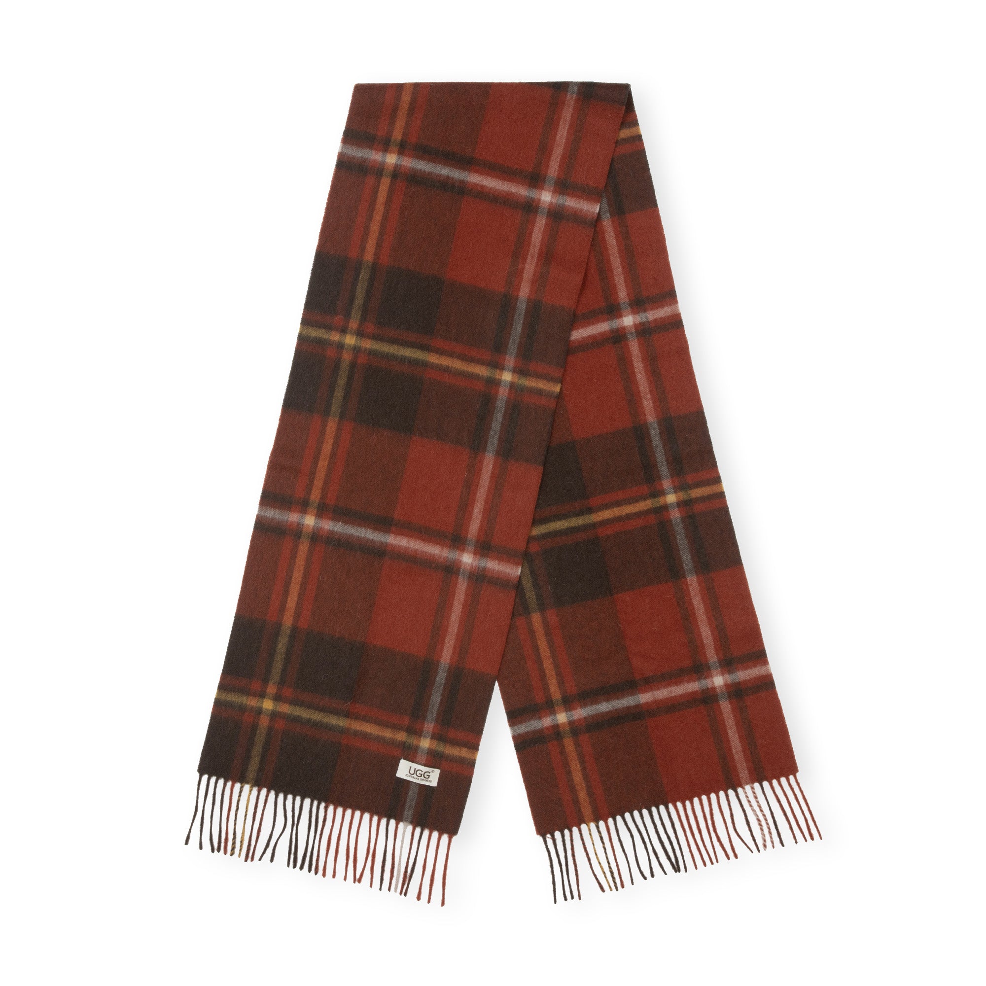Australian Merino Wool check scarf in vibrant orange-red color, stylishly displayed with soft texture and classic pattern.