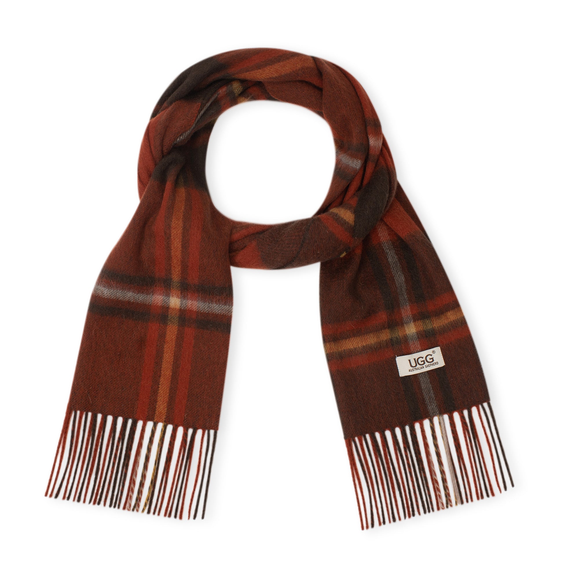 Australian Merino Wool check scarf in vibrant orange-red, soft and warm, by EverUgg, featuring a classic plaid pattern.