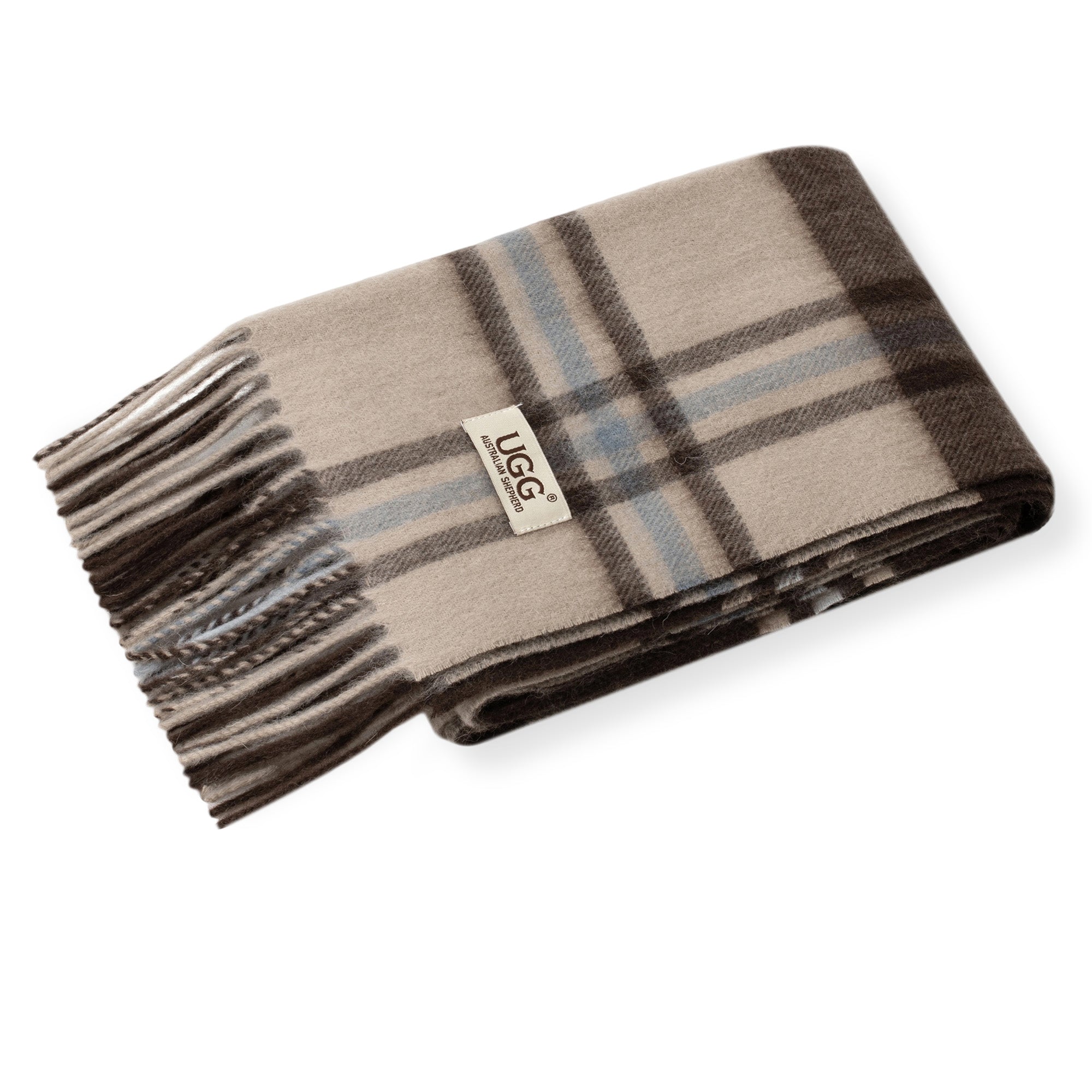 Beige and grey Australian Merino wool check scarf by EverUgg, soft and warm, draped to showcase its cozy pattern and fabric texture.