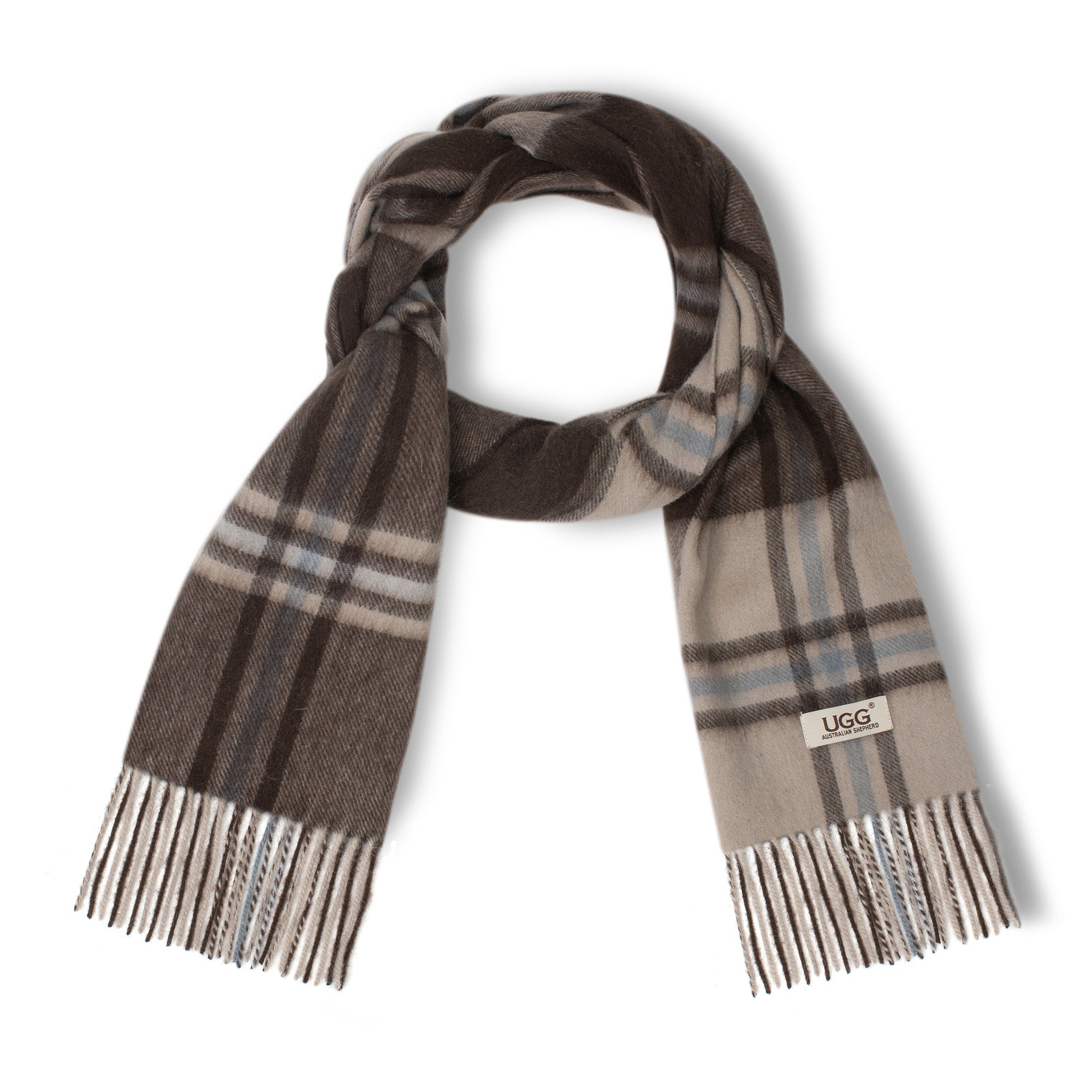 Beige and grey Australian Merino wool check scarf by EverUgg, soft and cozy with a classic plaid pattern.
