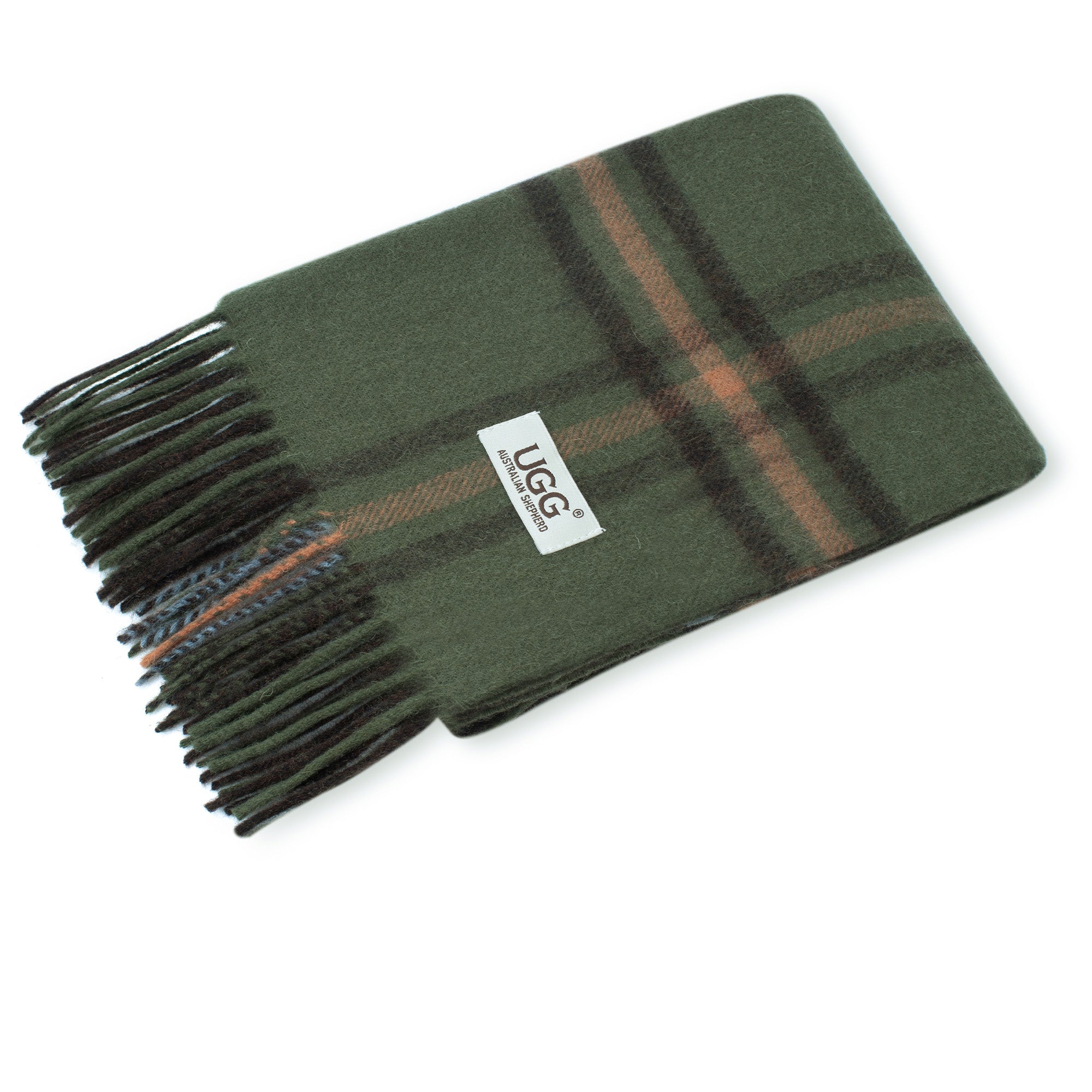 Australian Merino Wool check scarf from EverUgg, featuring a soft, warm plaid pattern in beige and brown tones.