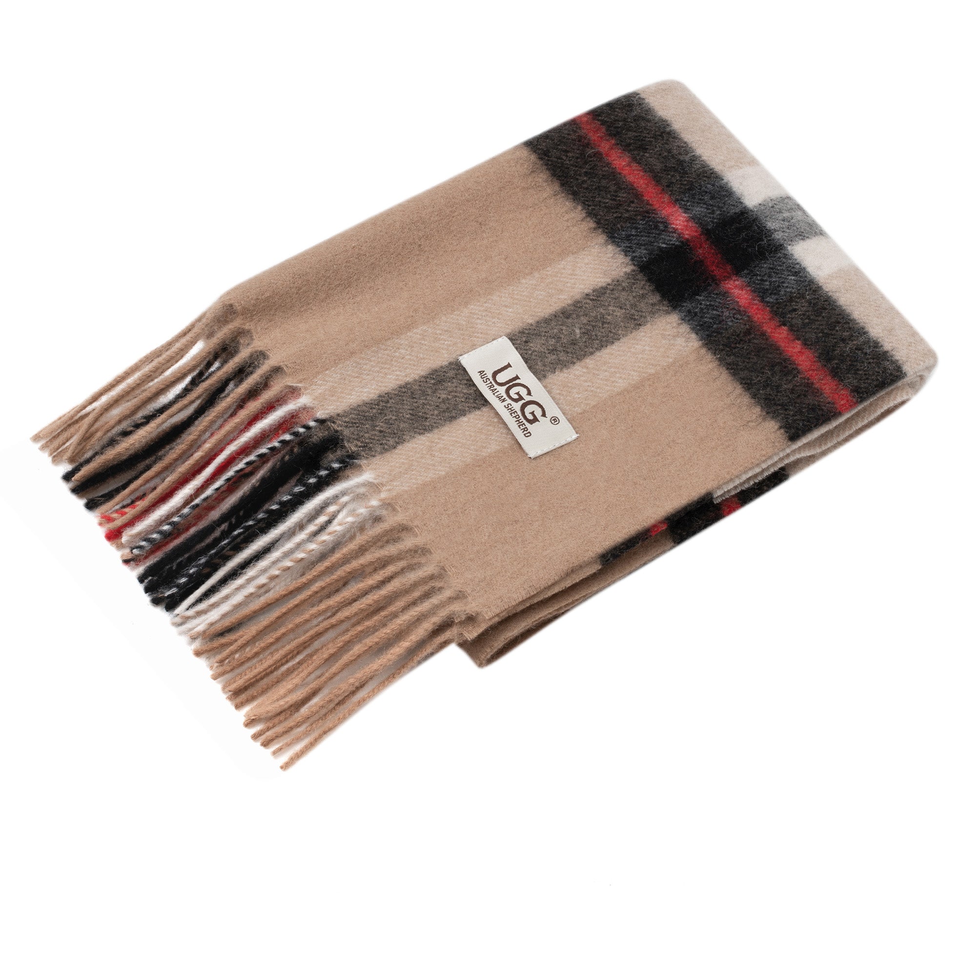 Australian Merino Wool check scarf by EverUgg in camel color, featuring a soft, woven pattern perfect for warmth and style.