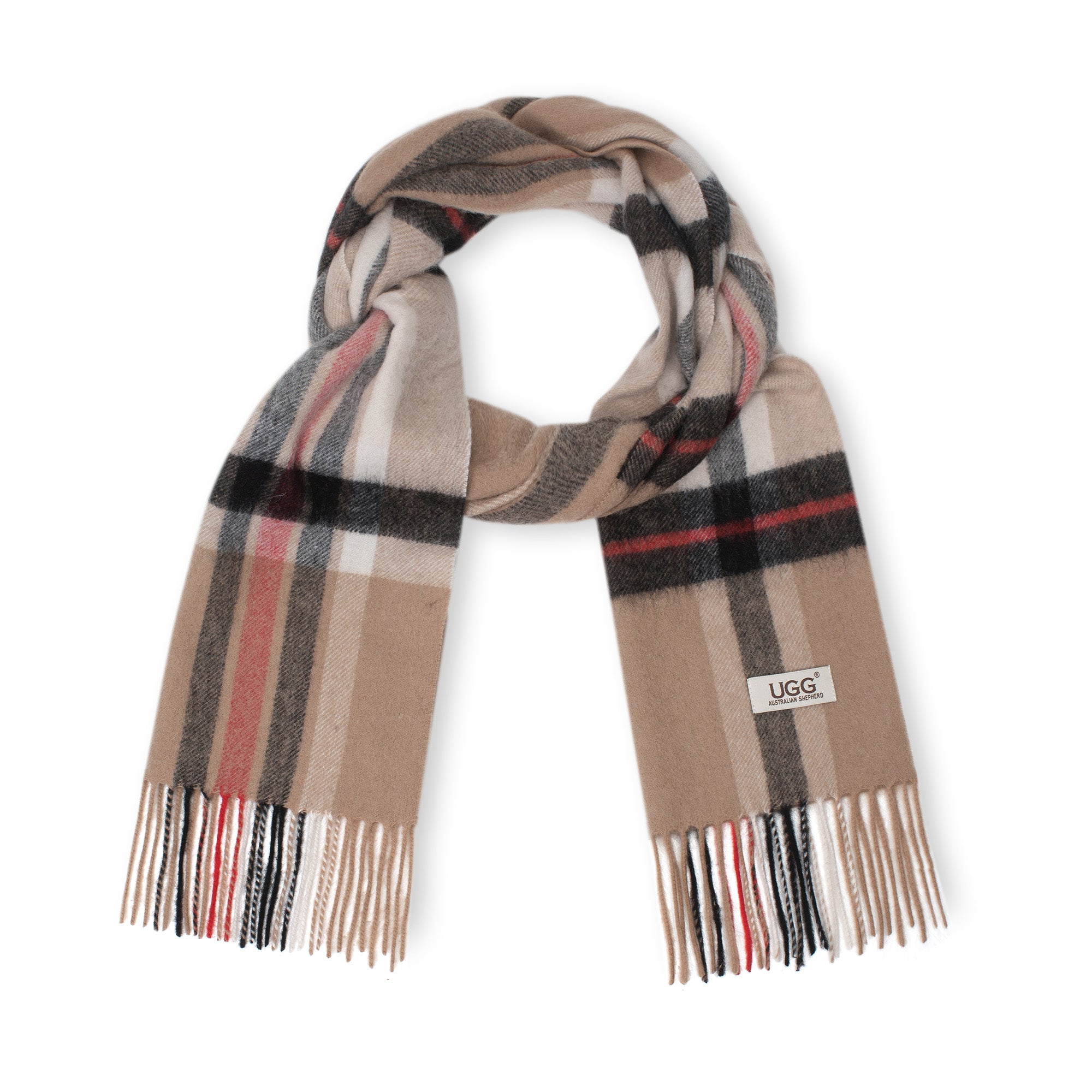 Australian Merino Wool check scarf by EverUgg featuring a stylish camel-colored pattern and soft, warm fabric.