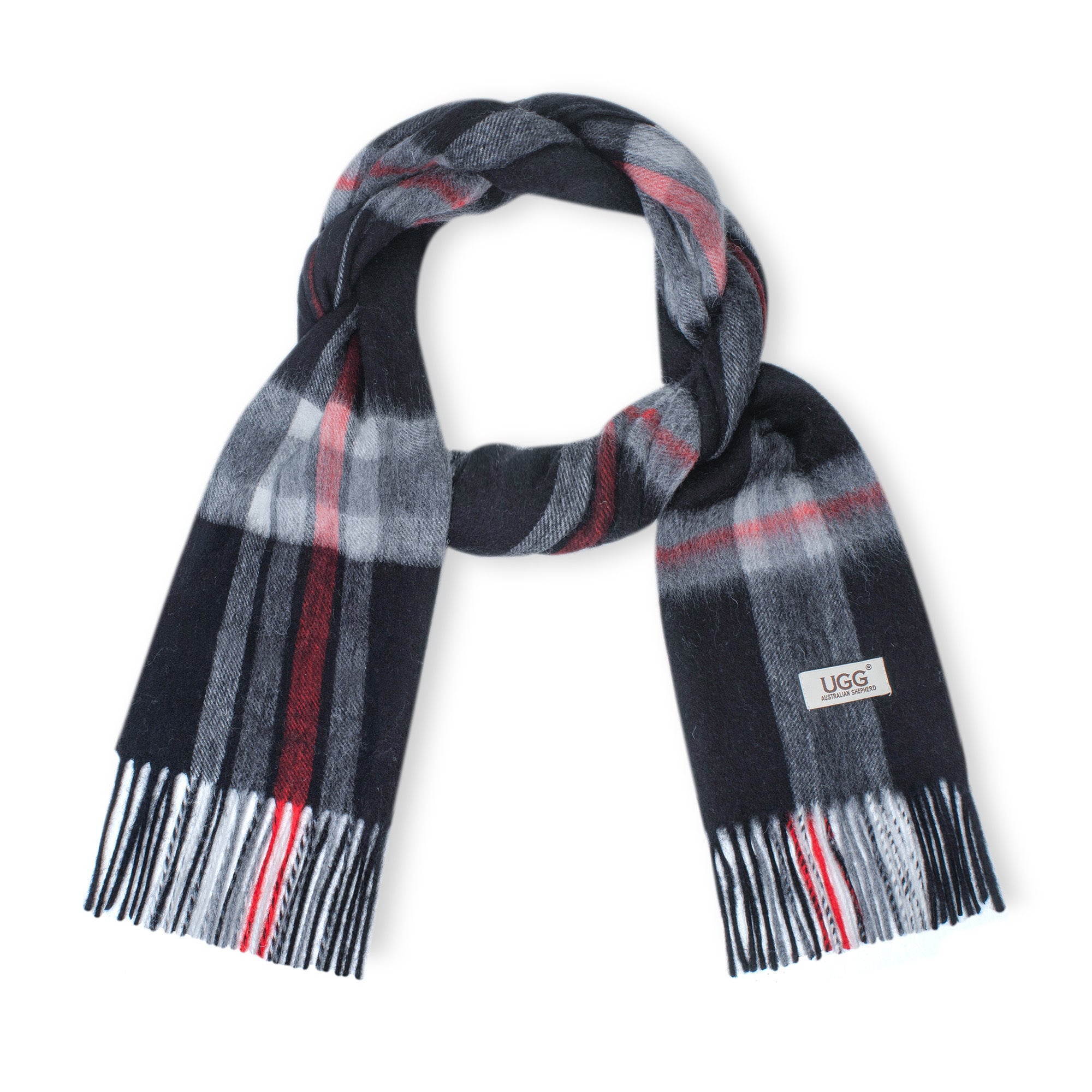 Black Australian Merino Wool Check Scarf by EverUgg, featuring a classic check pattern and soft, warm wool fabric.