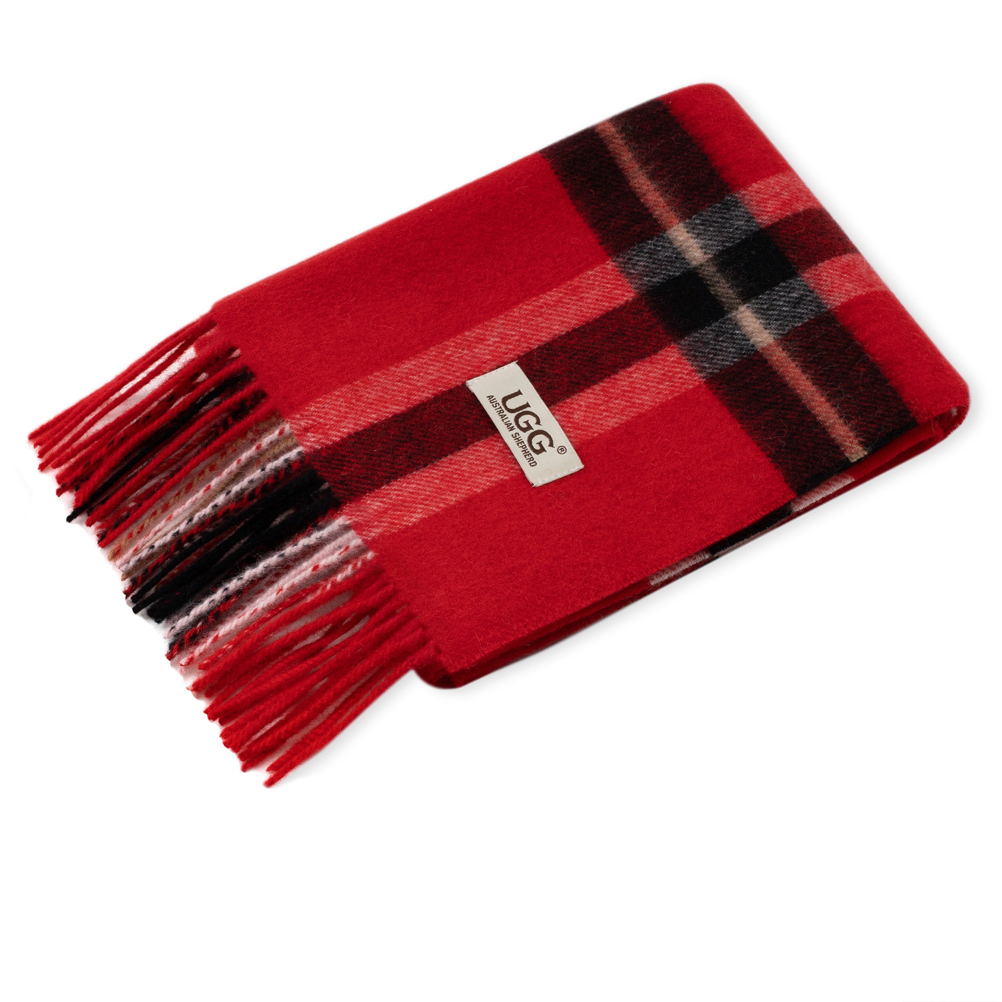 Bright red Australian Merino wool check scarf by EverUgg, showcasing a classic plaid pattern and soft, cozy fabric.