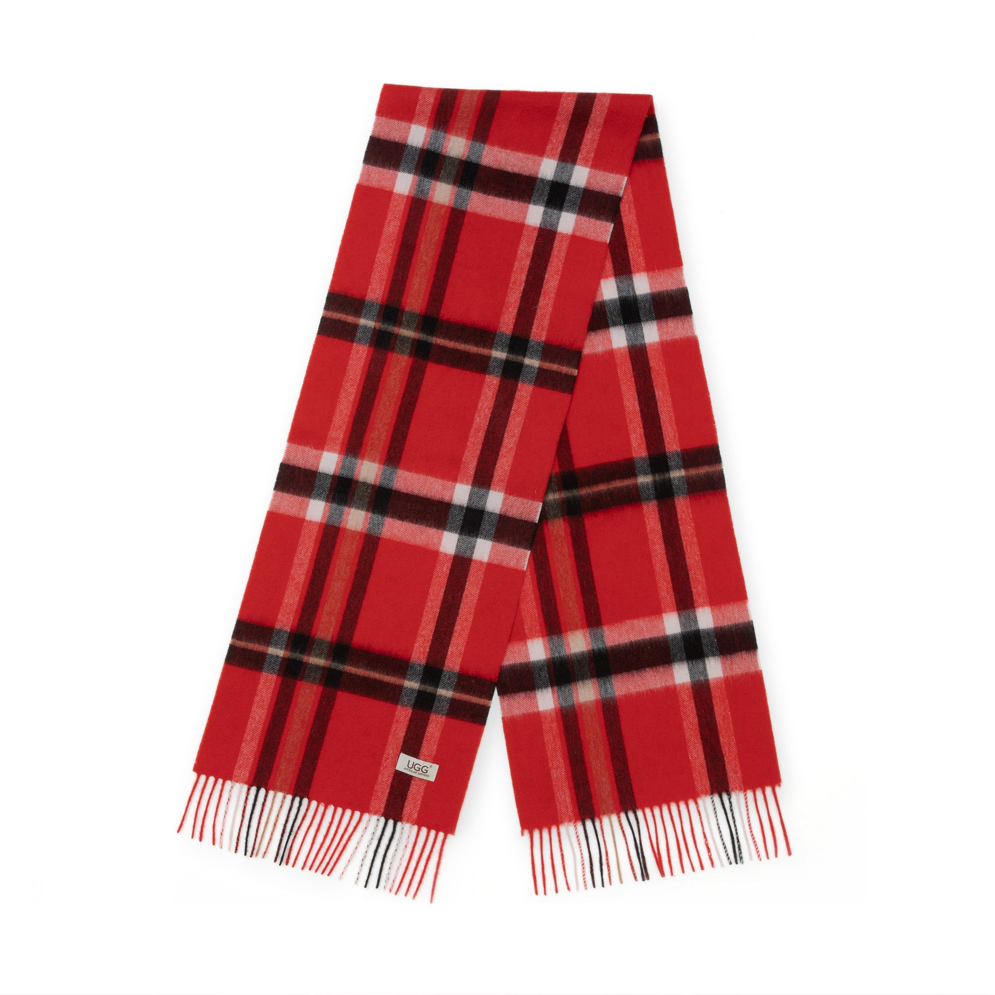 Red Australian Merino Wool Check Scarf by EverUgg, showcasing soft wool fabric with a classic check pattern.