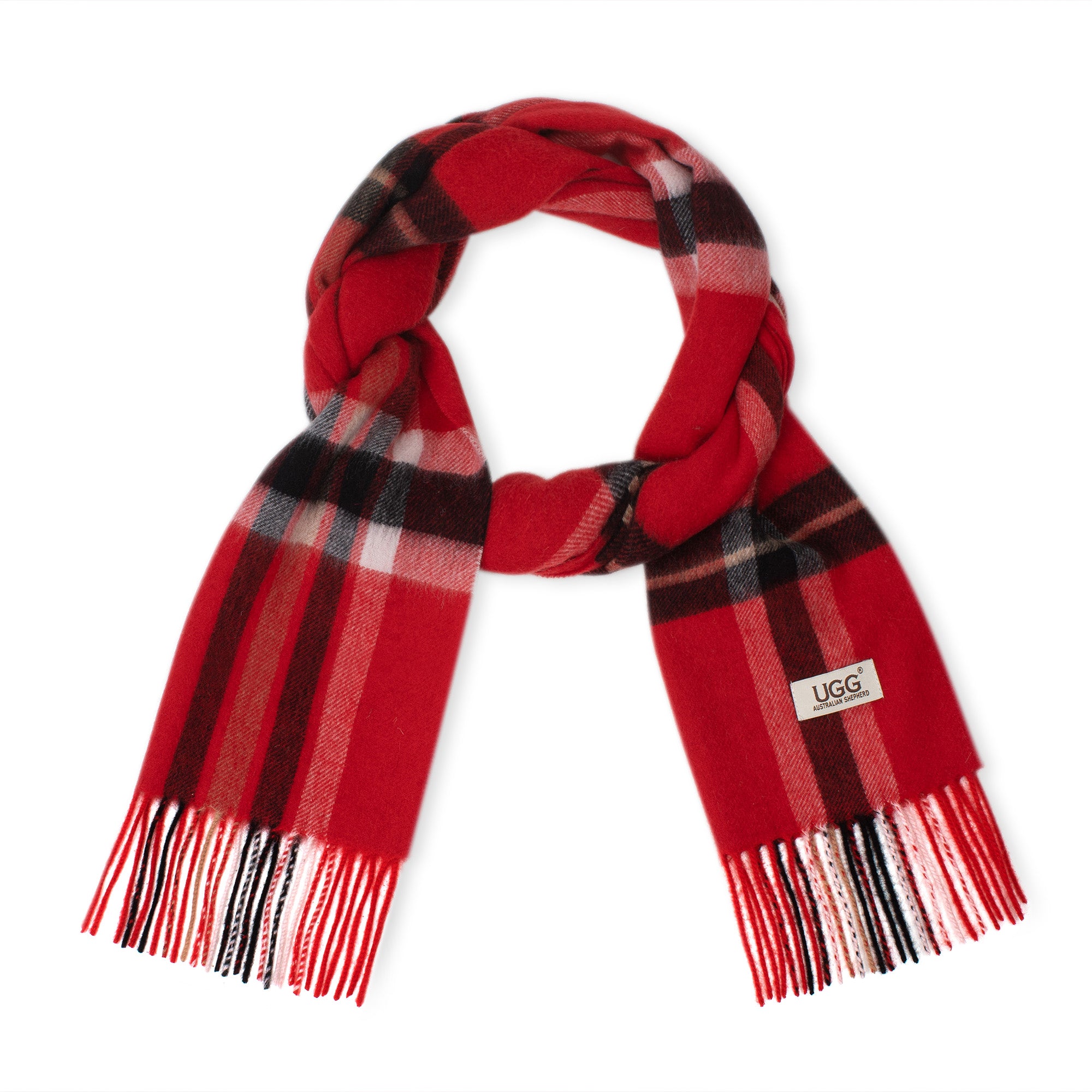 Red Australian Merino Wool Check Scarf by EverUgg, showcasing a cozy, stylish wool scarf with a check pattern.