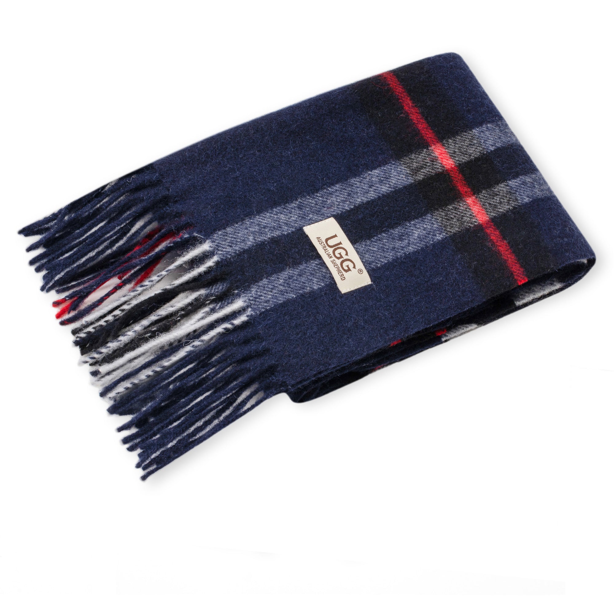 Navy Australian Merino Wool Check Scarf by EverUgg, soft and warm, featuring a classic check pattern, perfect for stylish winter wear.