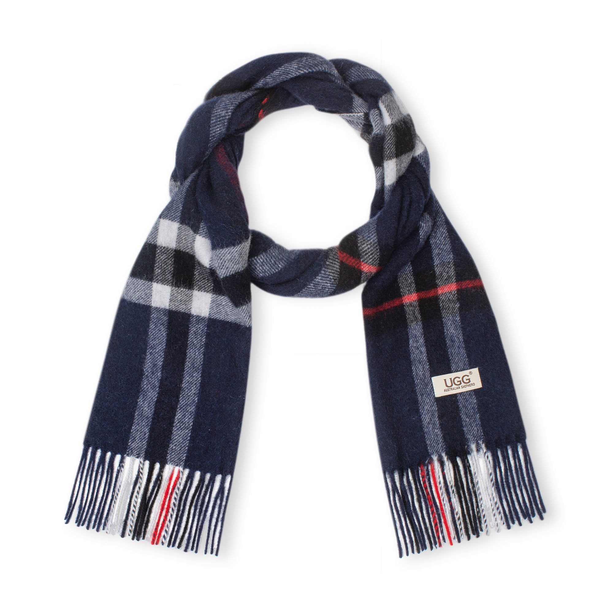Navy Australian Merino Wool Check Scarf by EverUgg, showcasing soft wool fabric and classic check pattern for stylish warmth.