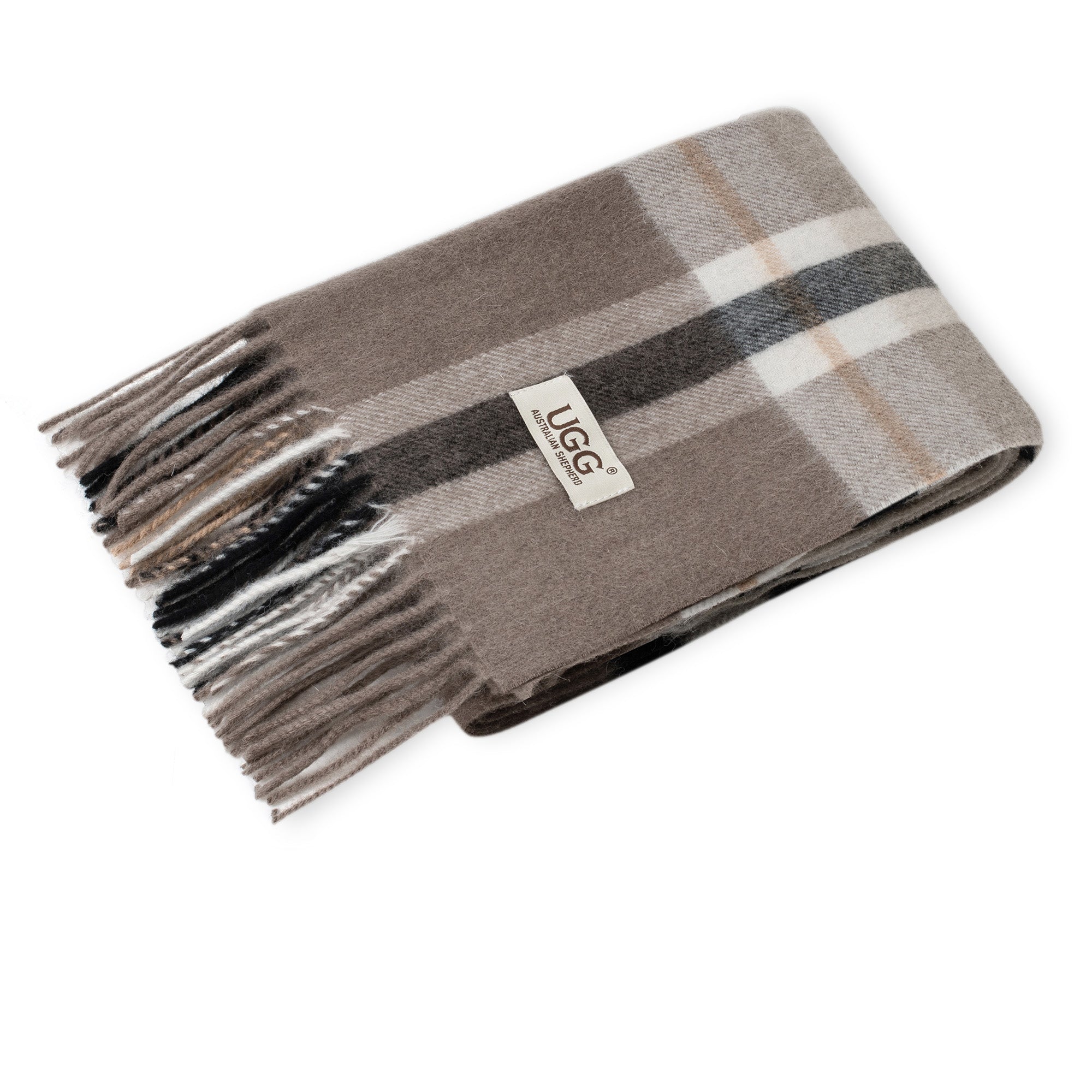 Caramel brown Australian Merino wool check scarf by EverUgg displayed on a neutral background.