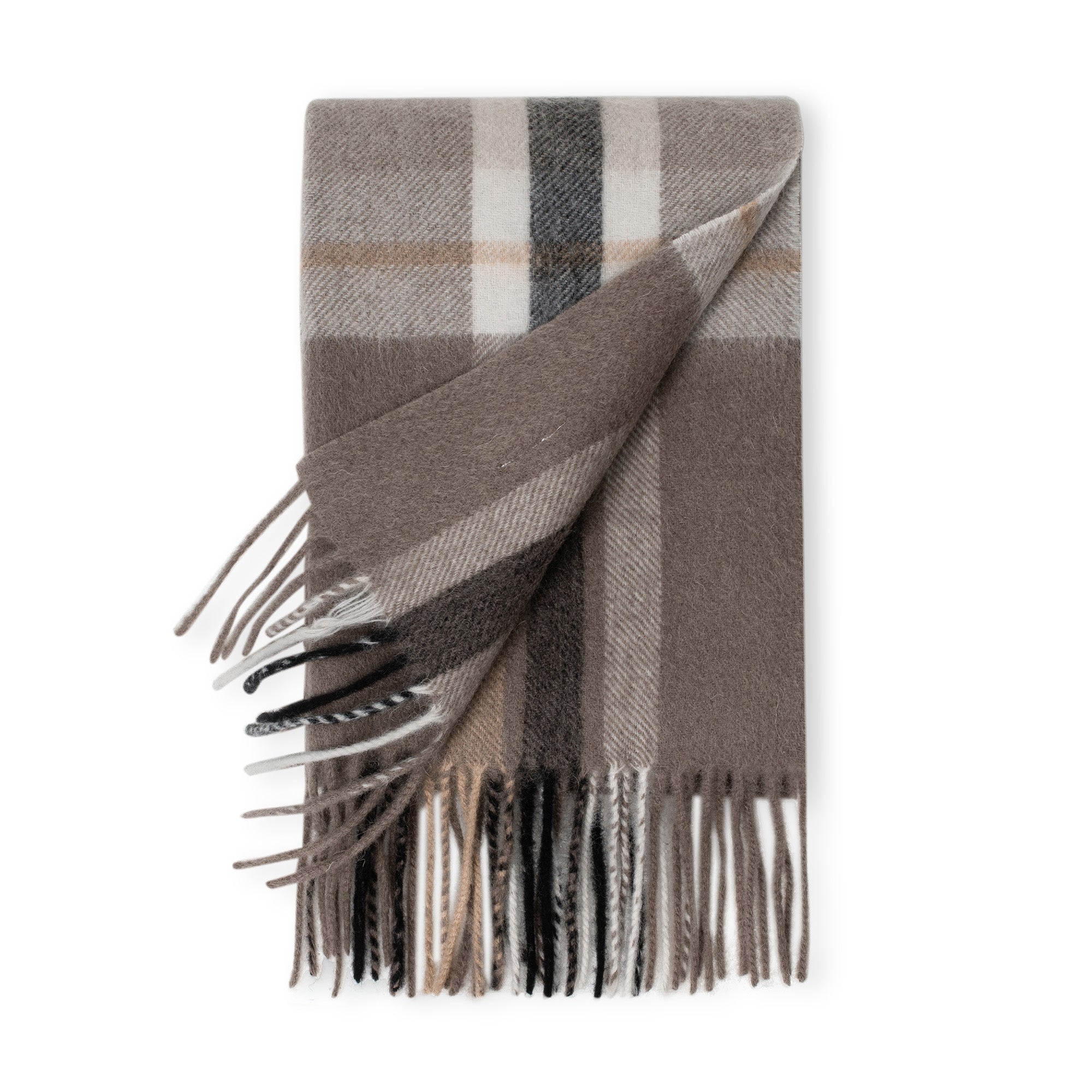 Caramel brown Australian Merino Wool check scarf by EverUgg, showcasing soft, warm, plaid fabric draped elegantly.