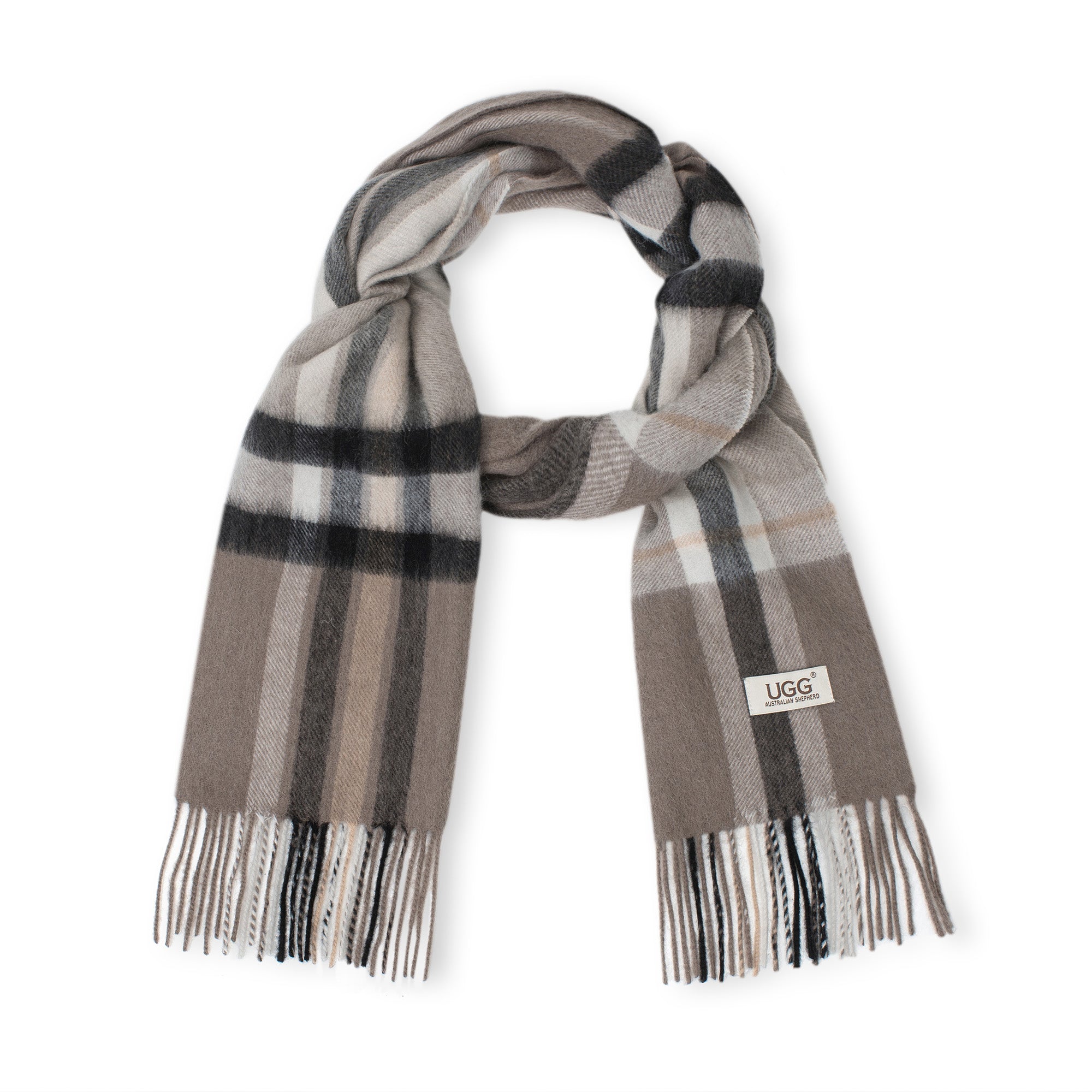Caramel brown Australian Merino wool check scarf by EverUgg, showcasing soft, cozy fabric and classic plaid pattern.