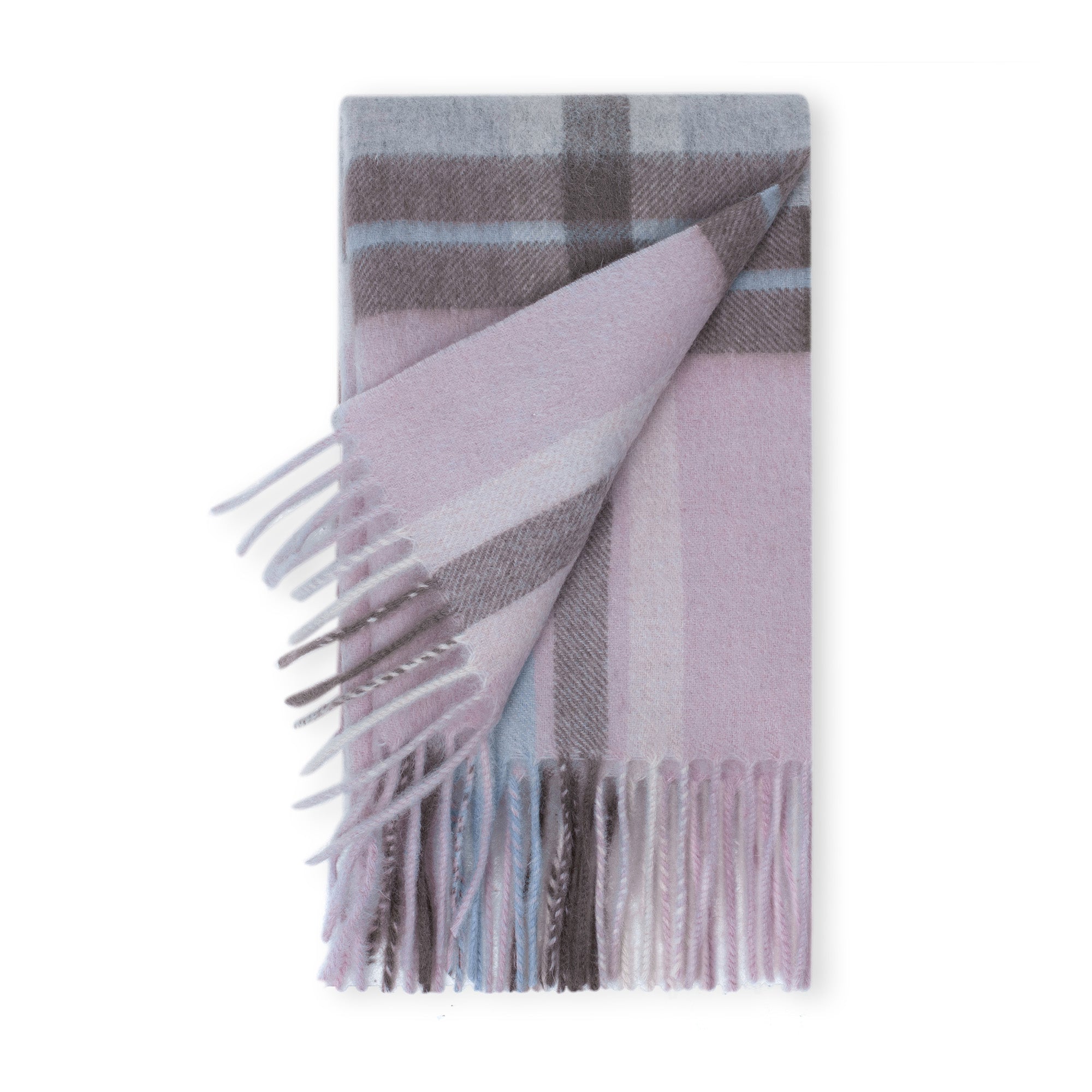 Australian Merino Wool check scarf by EverUgg in grey and pink, showcasing soft, woven fabric with a classic check pattern.